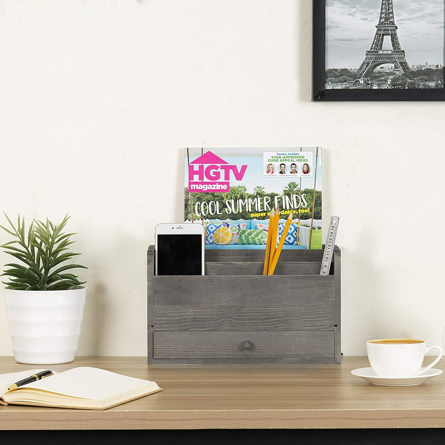Rustic Gray Wood Desktop Office Document & Mail Organizer w/ Pull Out Drawer
