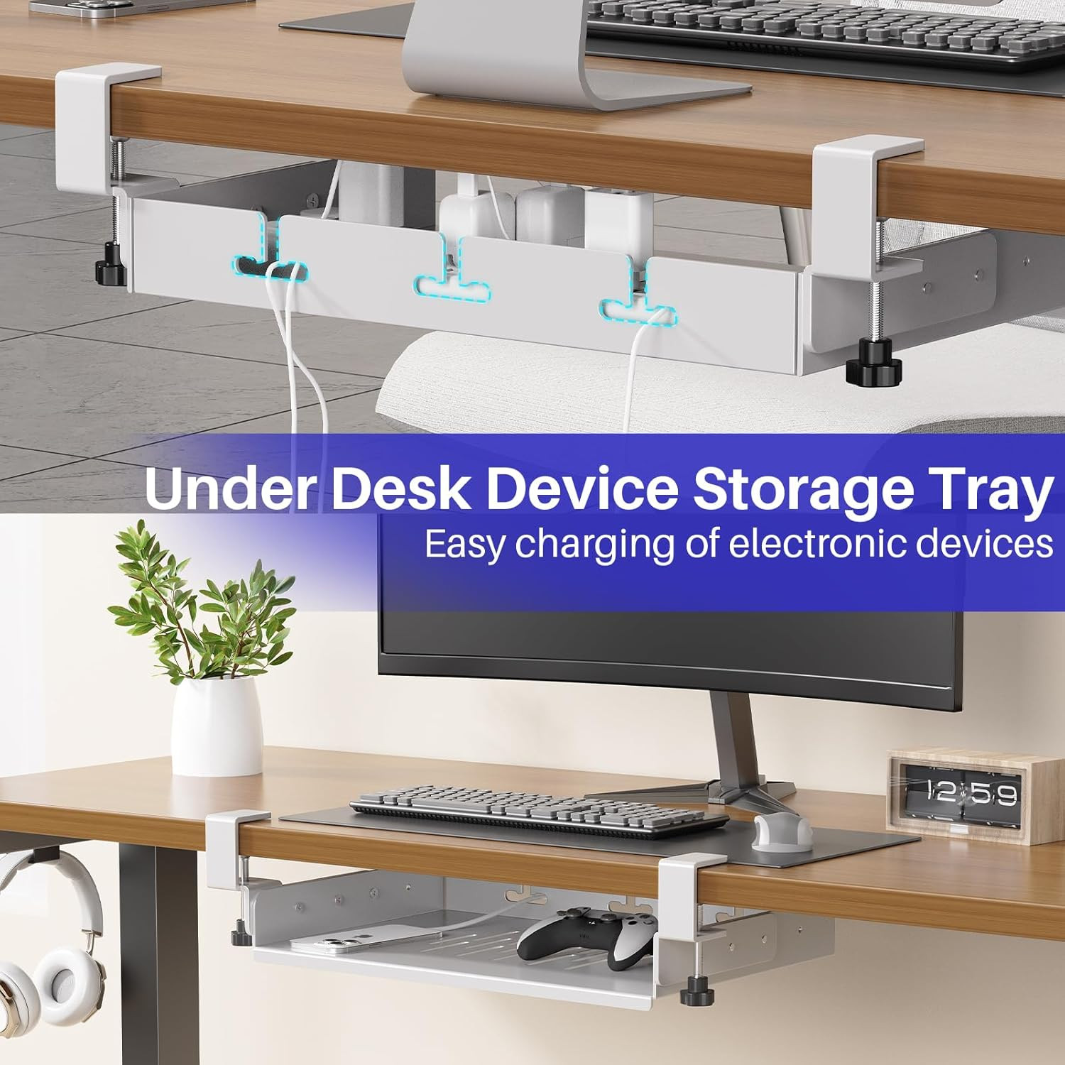 No Drill under Desk Storage Shelf, Metal under Desk Drawer Organizer with Clamp,