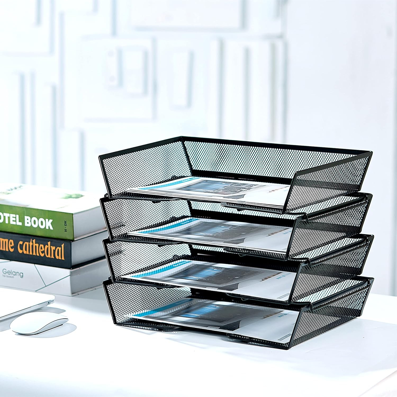 4 Tier Metal Letter Tray Desk Organizer-Stackable Paper Tray,Black | Desk Tray O