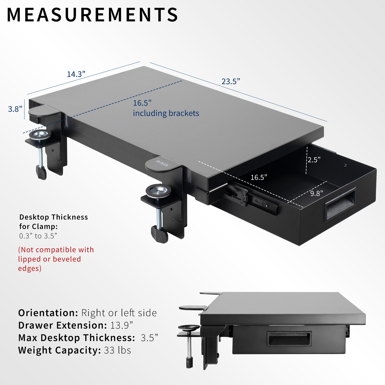 VIVO Black Premium Clamp-on 24″ x 14″ Desk Extension with Storage Drawer