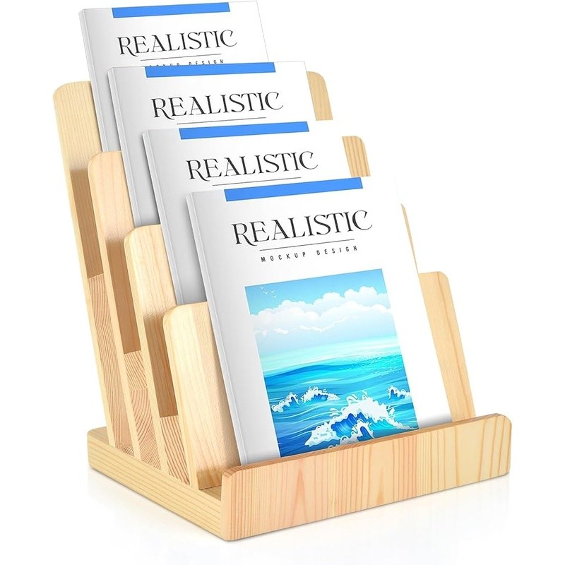 Pine Wood Brochure Holder 4-Tier Display Stand Desk Literature Organizer New