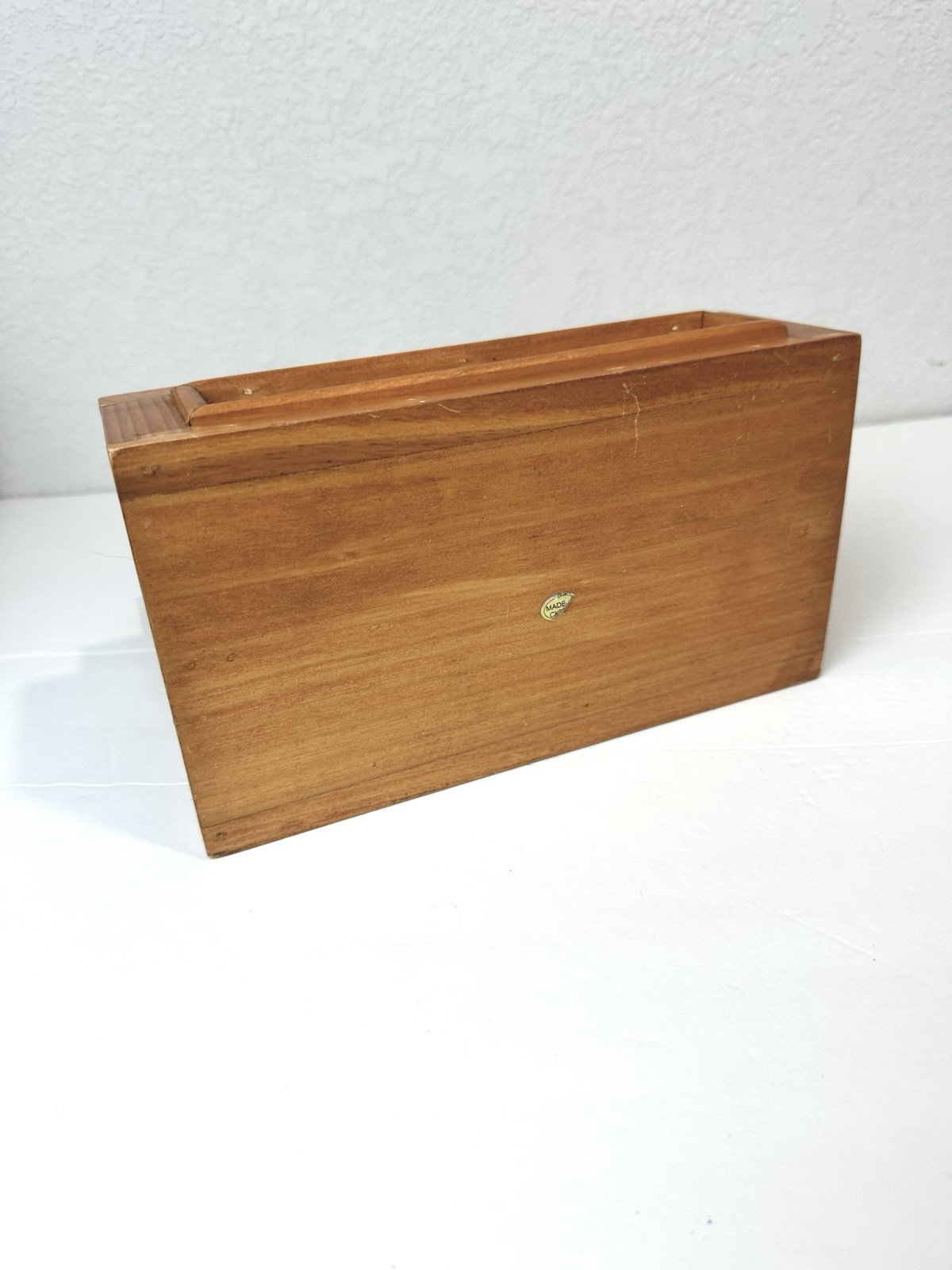 Vintage Brown Wicker & Wood Letter Holder Organizer Woven Rattan Bamboo 3 Slot