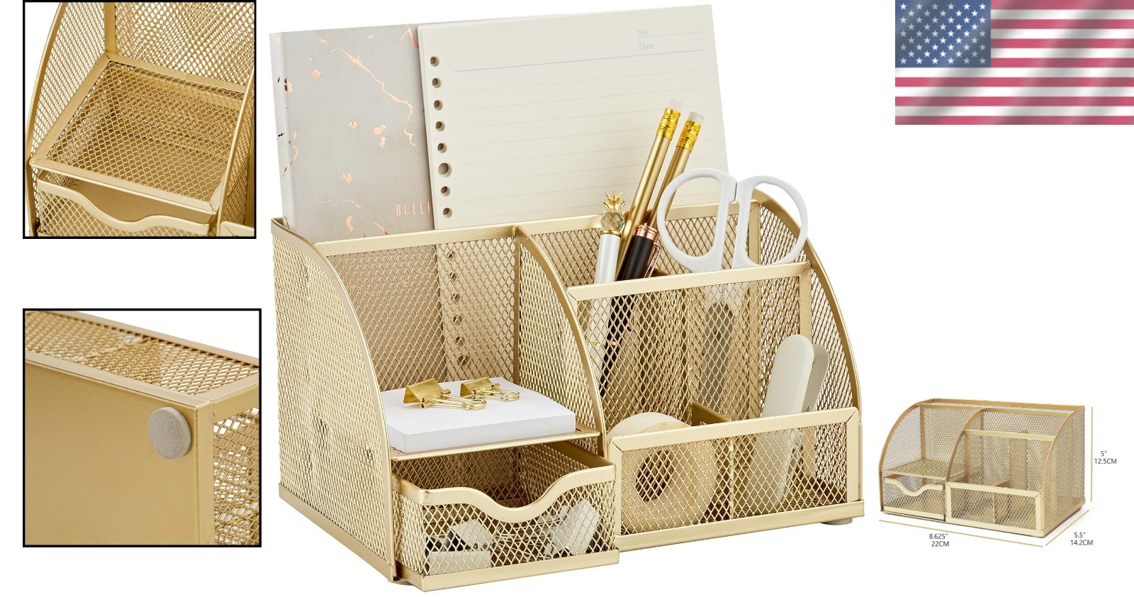 Chic Gold Desk Organizer with Drawer – Home & Office Storage
