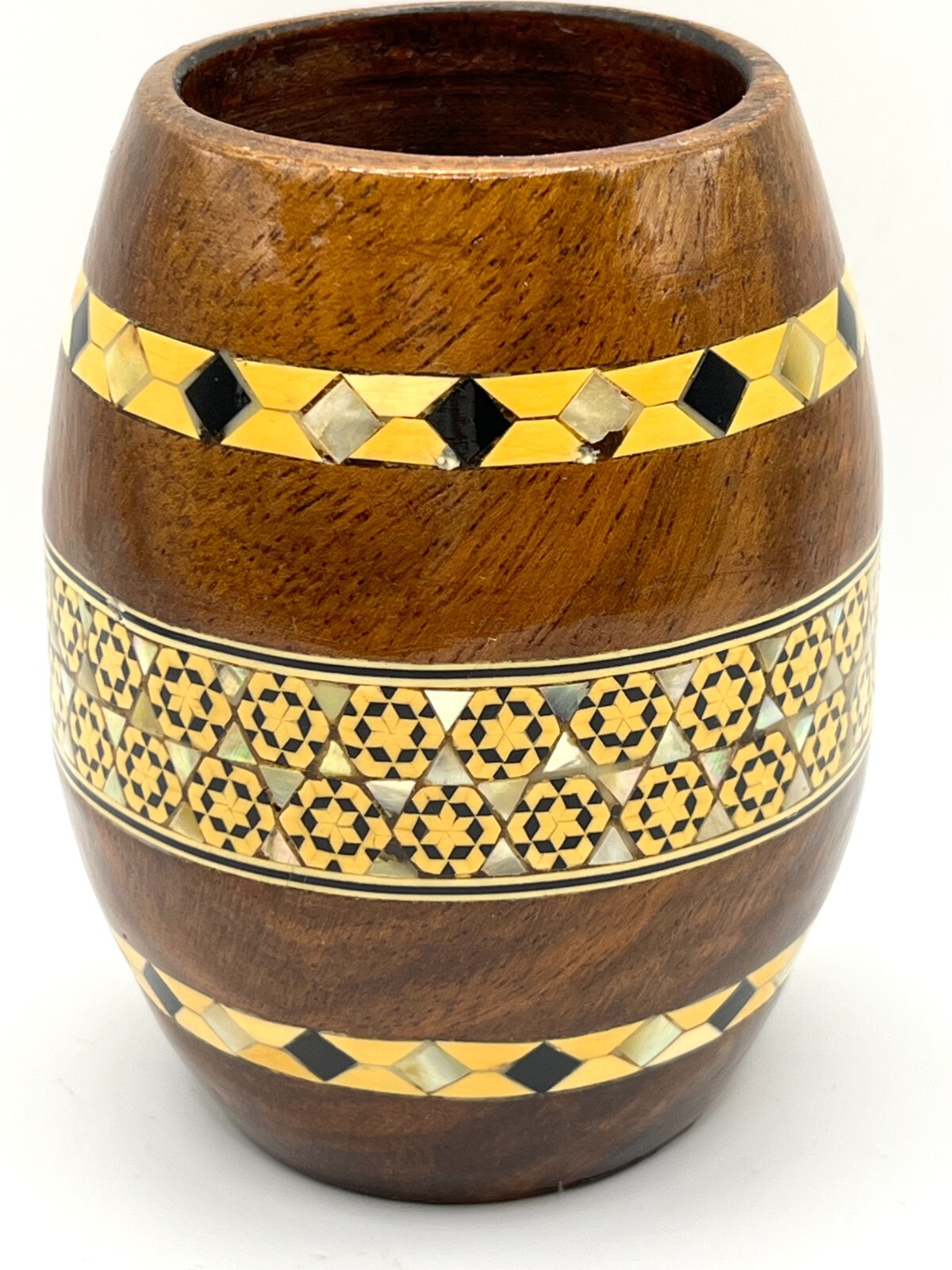 VTG Barrel Shaped Wooden Pen Holder Mother of Pearl Inlay Office Desk Decor 4.2″