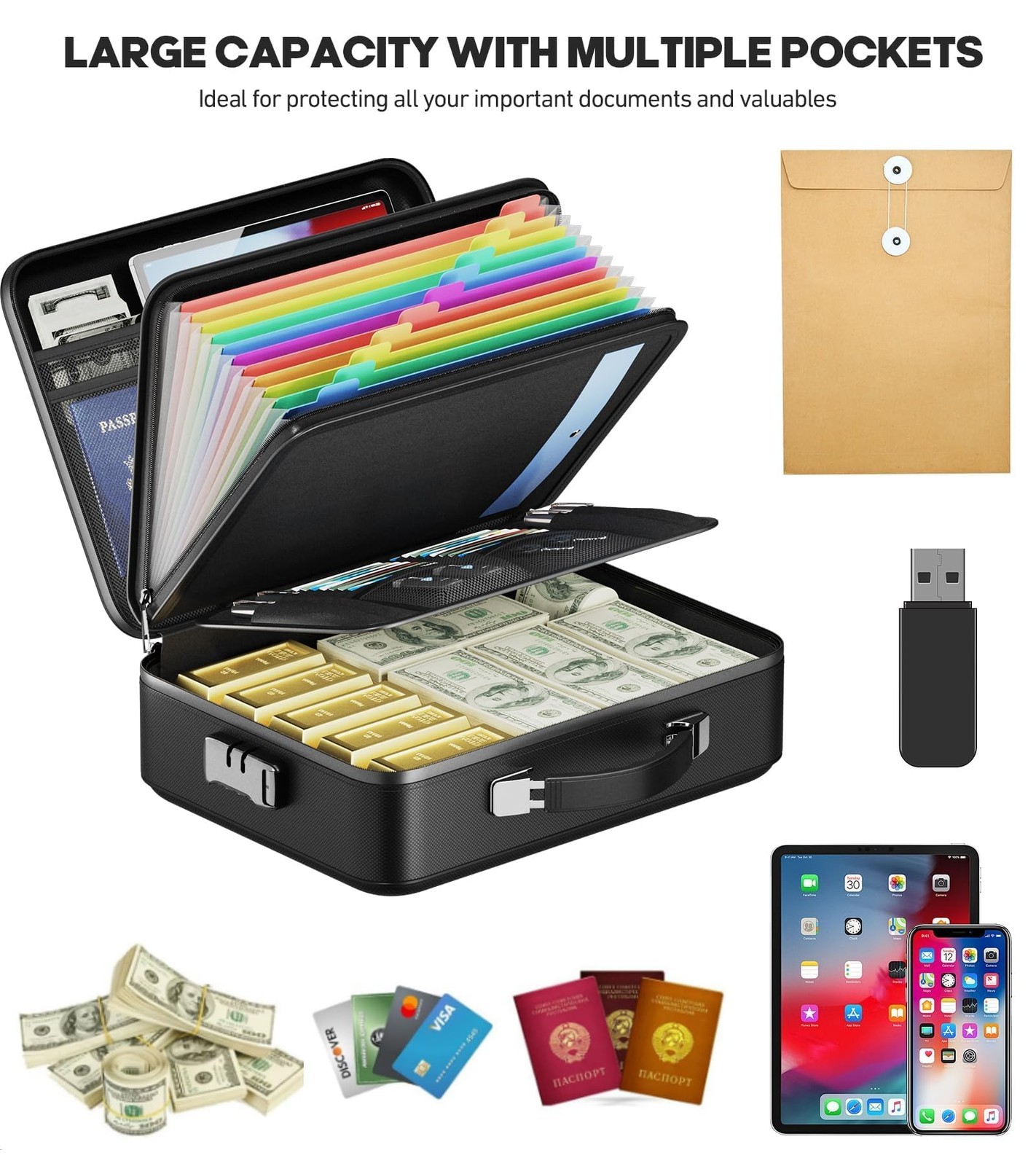 BigPonPon Fireproof Document Box, Hard Case 15″*11″*5.3″(colorful), Black