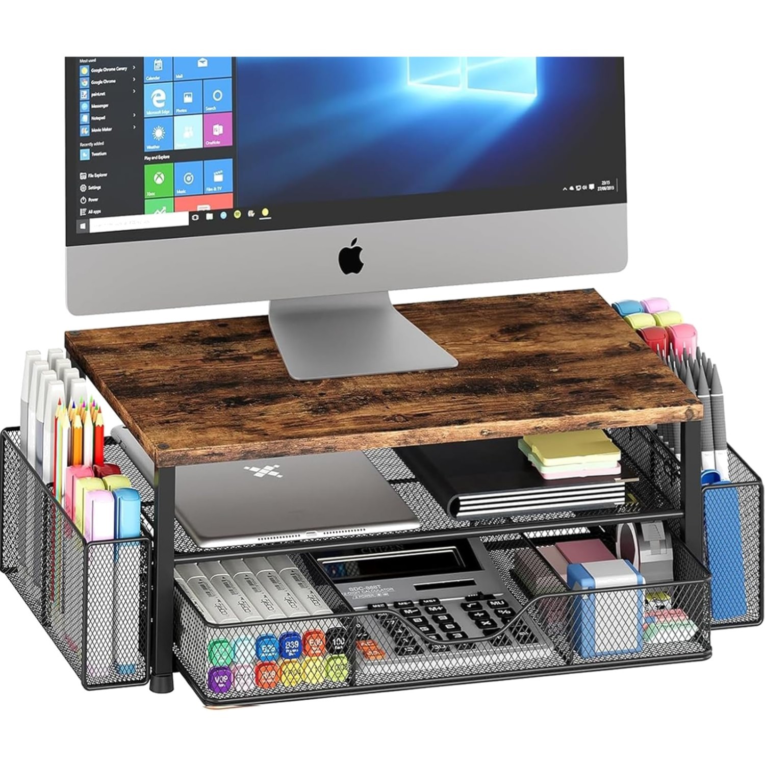 Wood Desk Organizer 2-Tier Computer Monitor Stand Riser Drawer Pen Holders