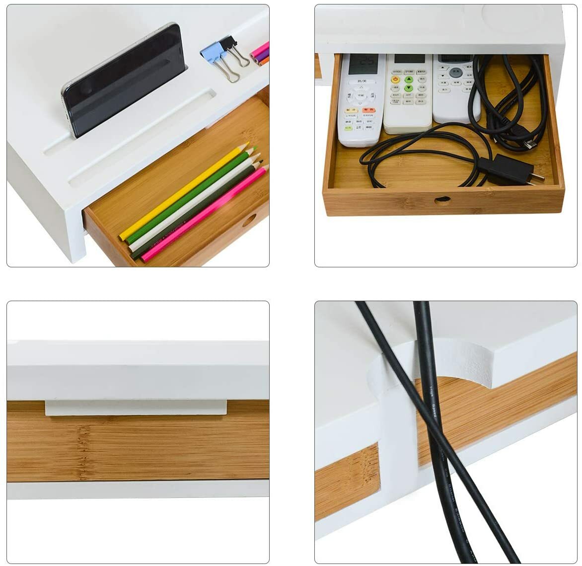 Computer Monitor Stand with Drawers – White Wood Laptop Screen Printer TV Riser