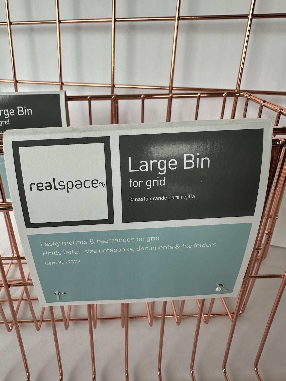 Realspace Rose Gold Wire Hanging Organizer System 1 Wall Grid & 2 Large Bins New
