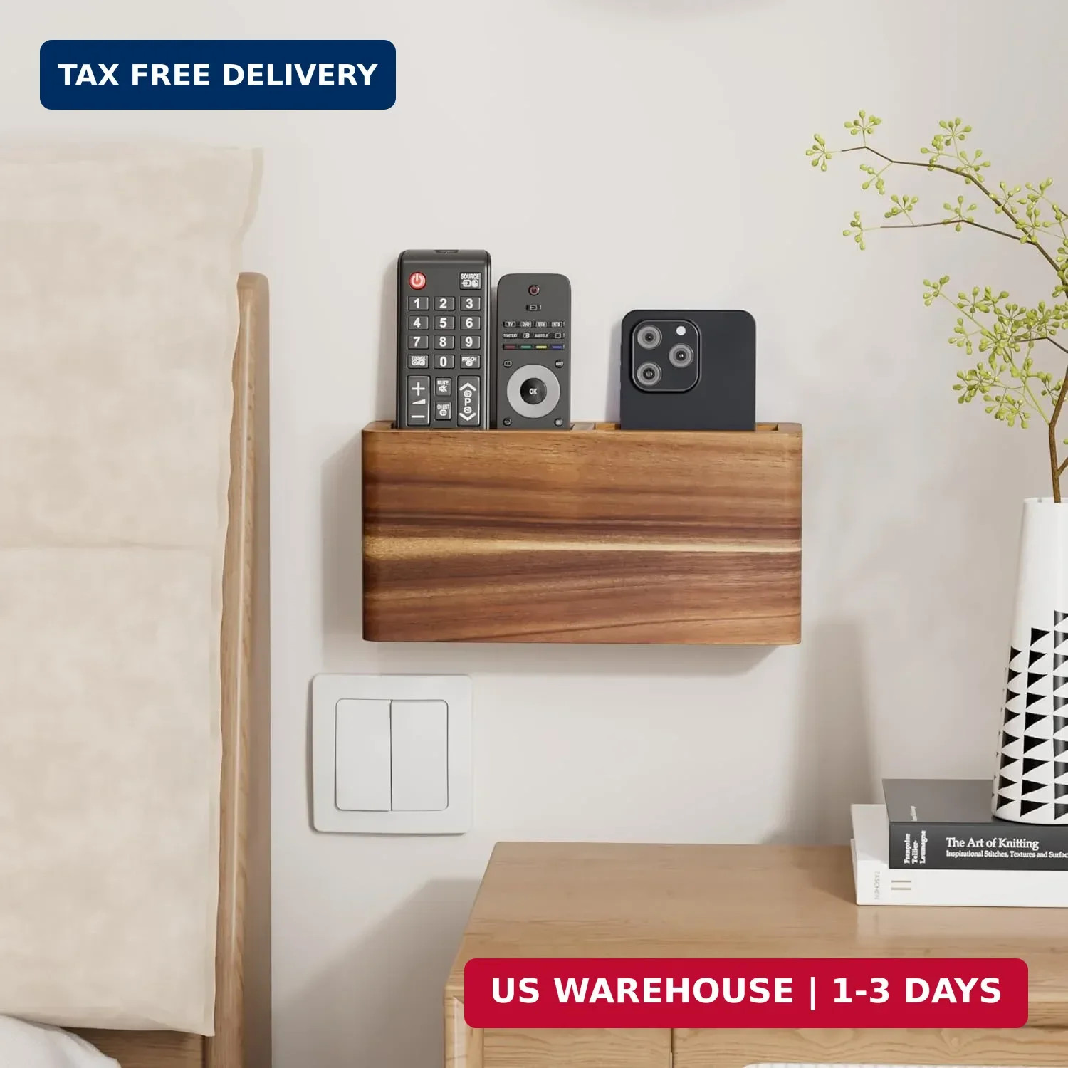 Wood Remote Control Holder Wall Mount, TV Remote Holder for Wall, Remote Control