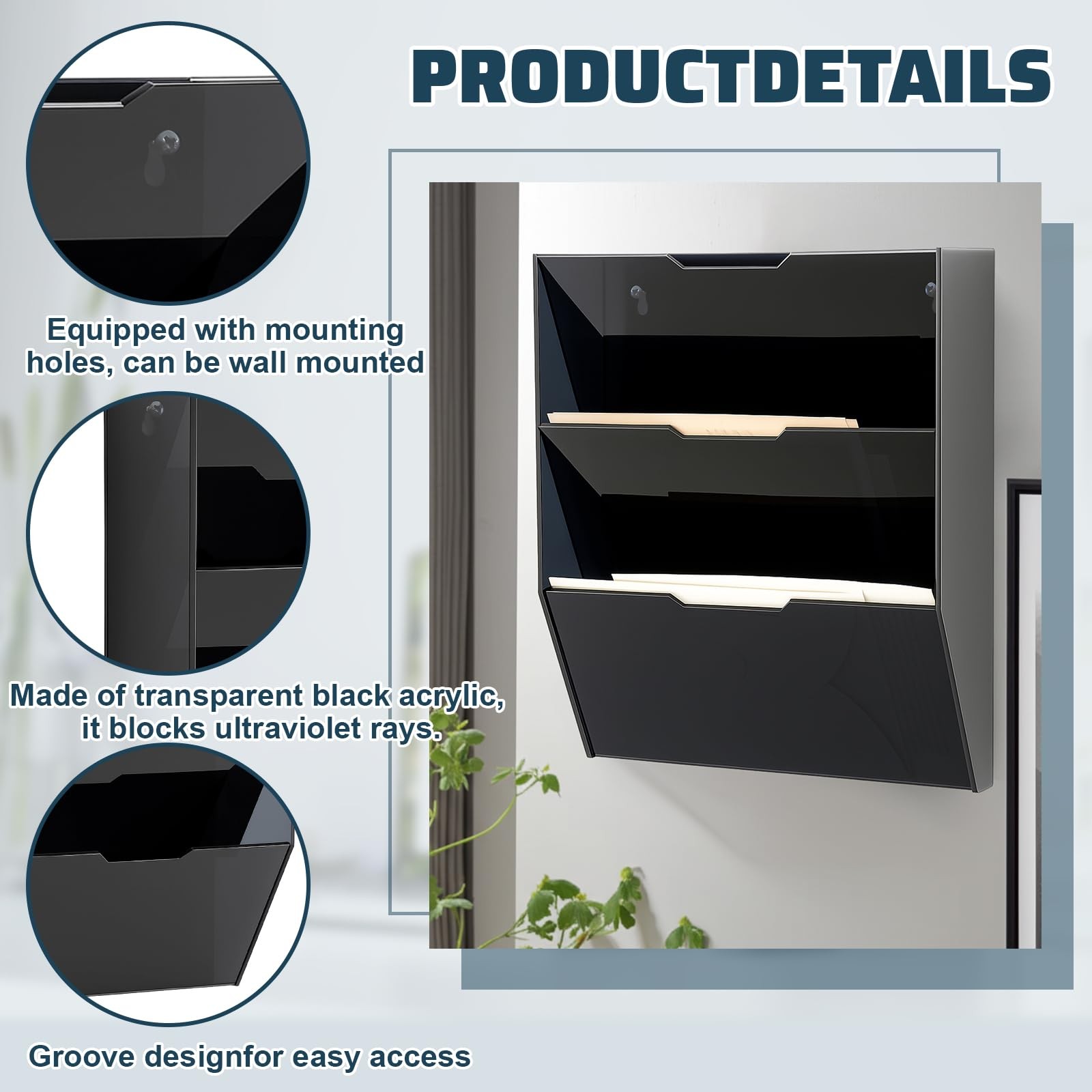 Black Acrylic 3 Tier Mail Sorter Letter Wall Mounted Hanging File Organizer