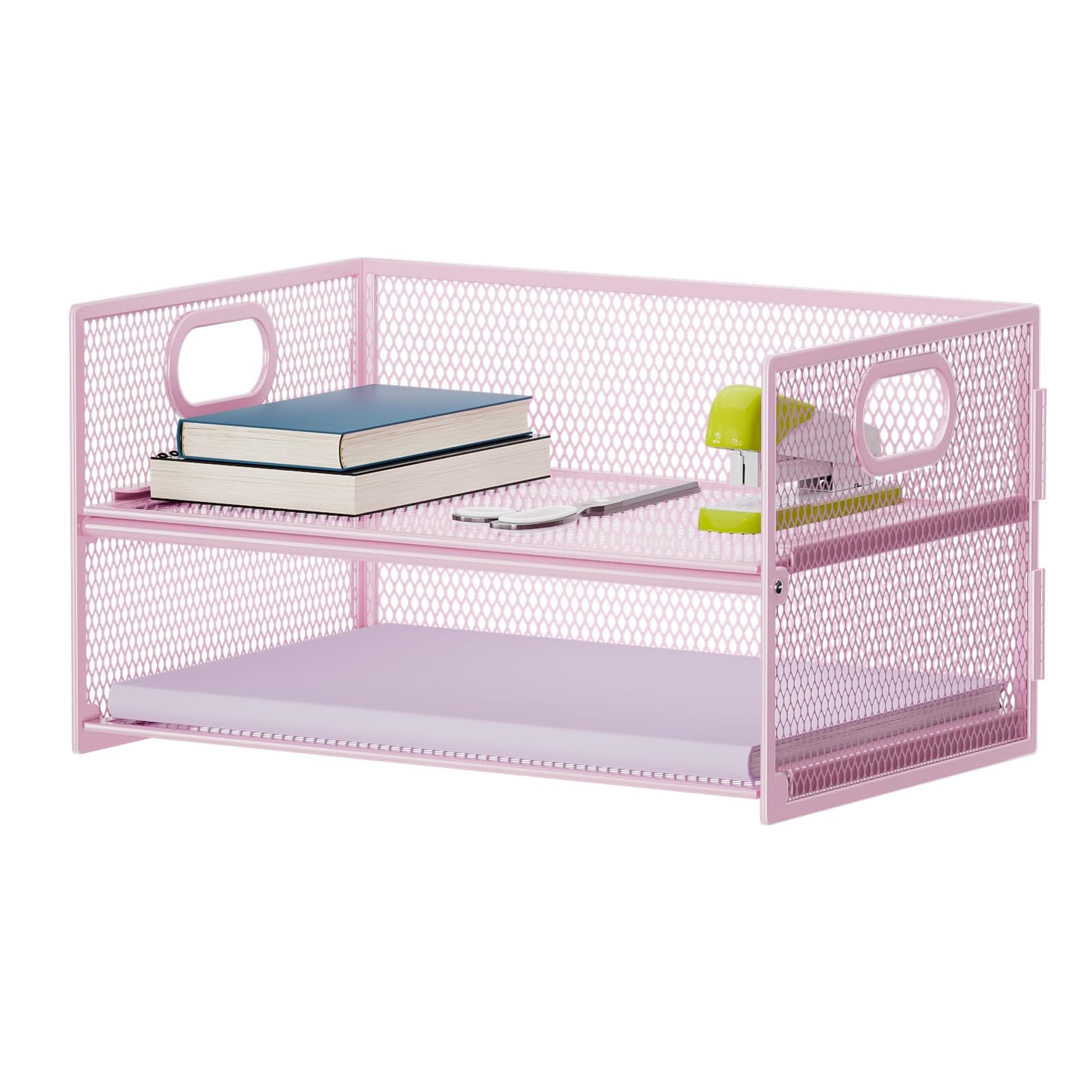 Pink 2~Tier Mesh Letter Tray Organizer with Handle for Office Desk