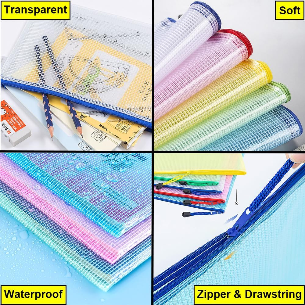 10 Pcs Zipper File Bags, Waterproof Plastic Mesh Pouch for Office School, Board