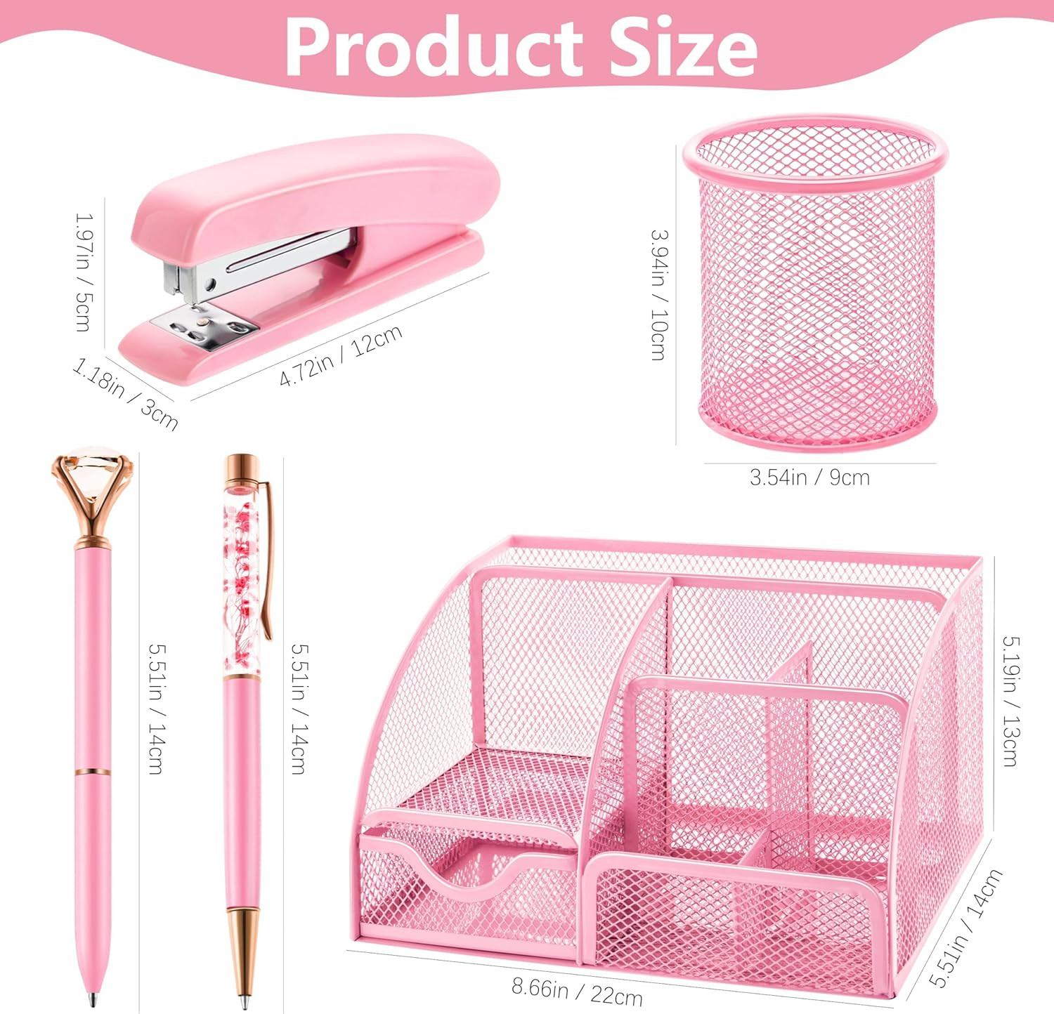 Pink Mesh Desk Organizer Office Supplies Set 11 Pc with Stapler Scissors