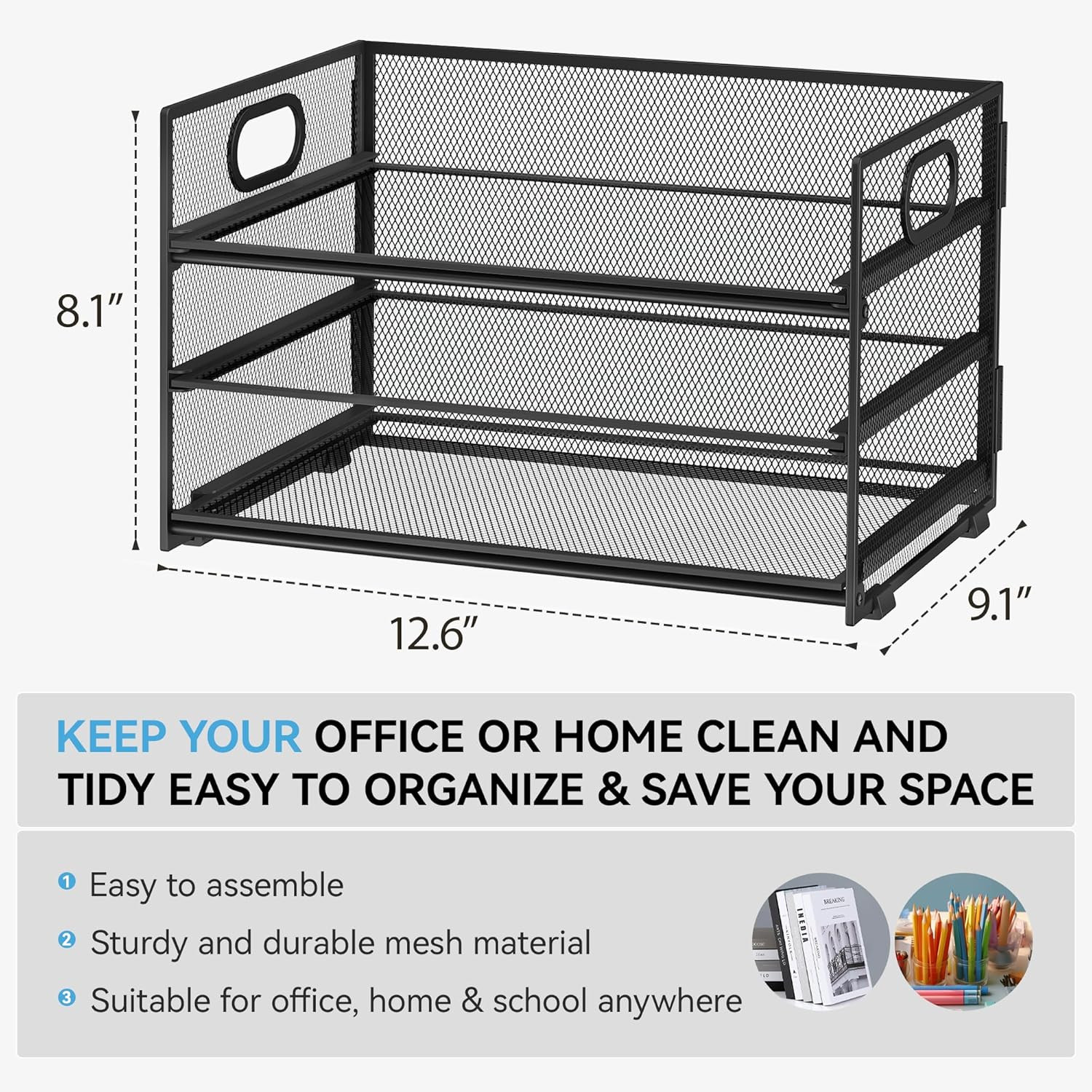 3 Tier Paper Letter Tray Organizer for Desk, Black Metal Mesh Desk File Folder S