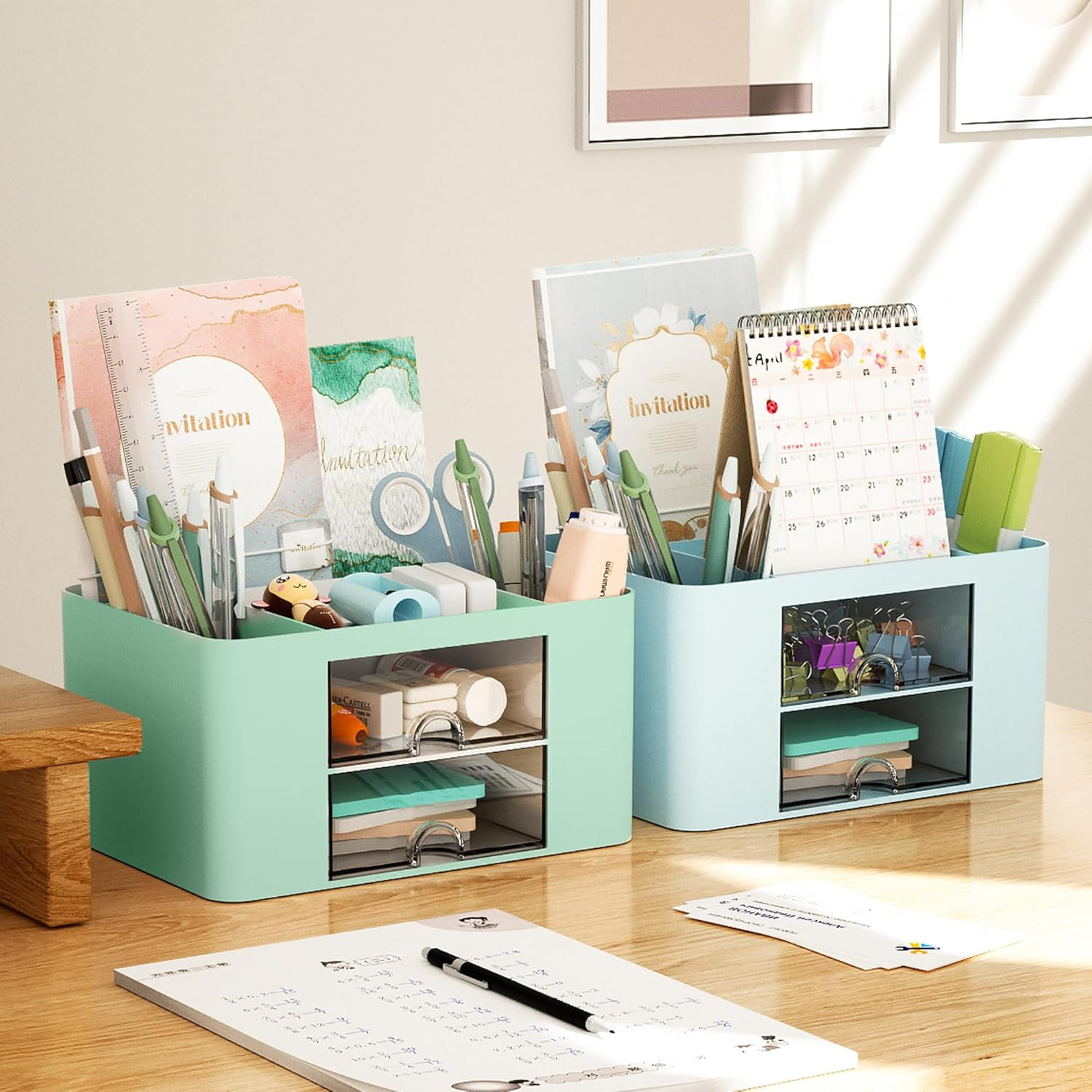Pen Organizer with 2 Drawer, Multi-Functional Pencil Holder for Desk, Desk Organ