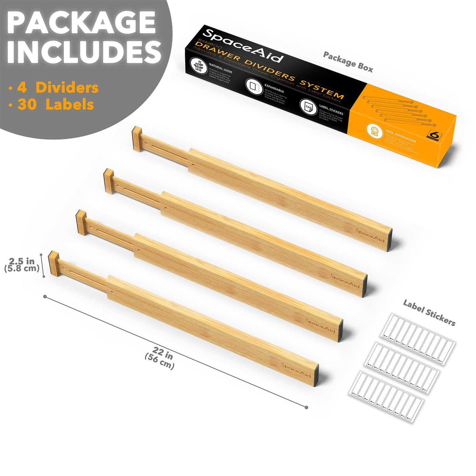 SpaceAid 4 Pack Bamboo Drawer Dividers with Labels, 17″ – 22″, NATURAL