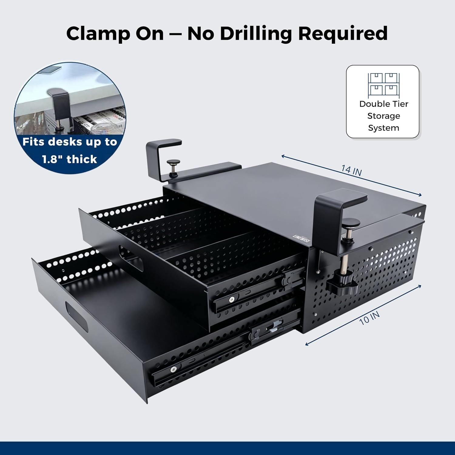 Clamp-On Under Desk Drawer – No-Drill Metal Organizer for Home & Office