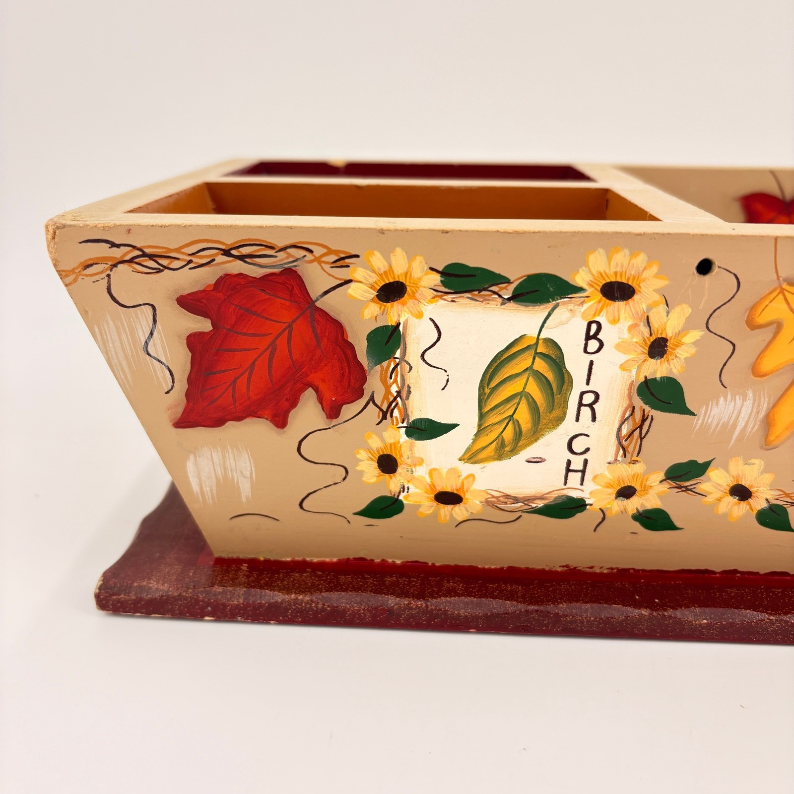Kathy Hatch Hand Painted Wood Desk Organizer Fall Leaves Floral Autumn Caddy