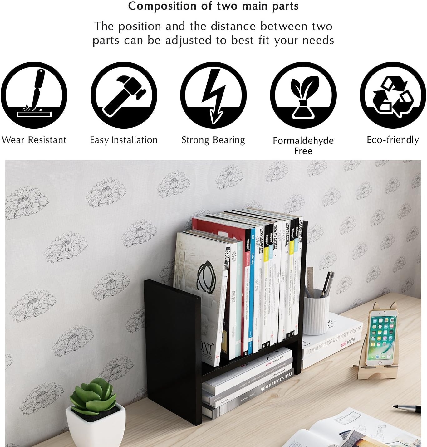 Wood Desktop Organizer Office Shelf Adjustable Double H Mini Bookshelf