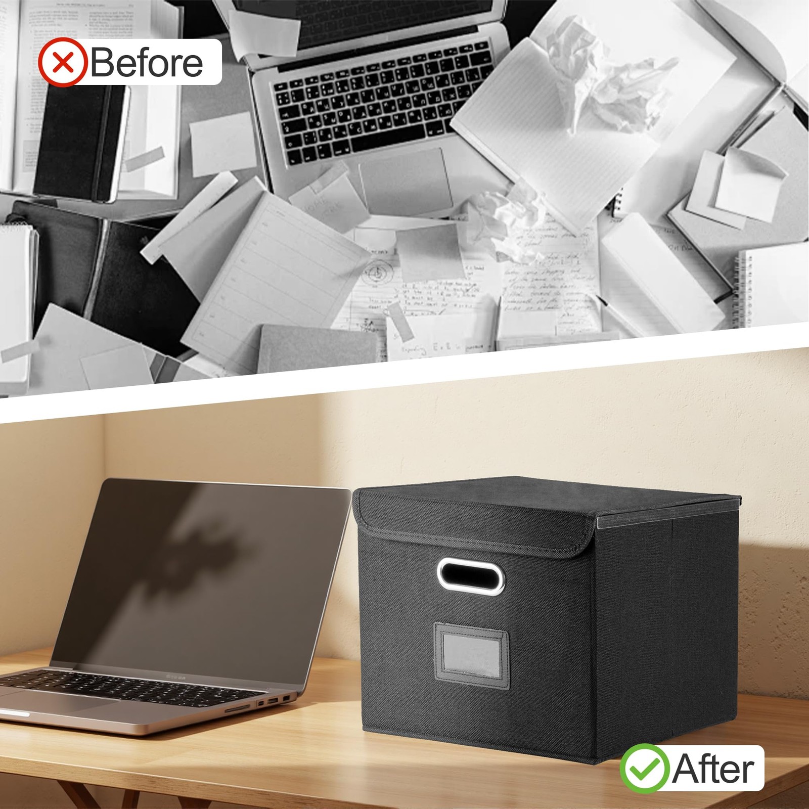 Hleelomi Collapsible File Box with Lid & Plastic Slide – 1 Pack, Black
