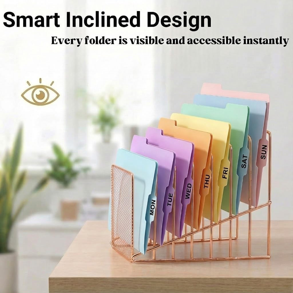 Rose Gold Desk Organizer 7 Slot Inclined Vertical File Folder Holder Sorter with