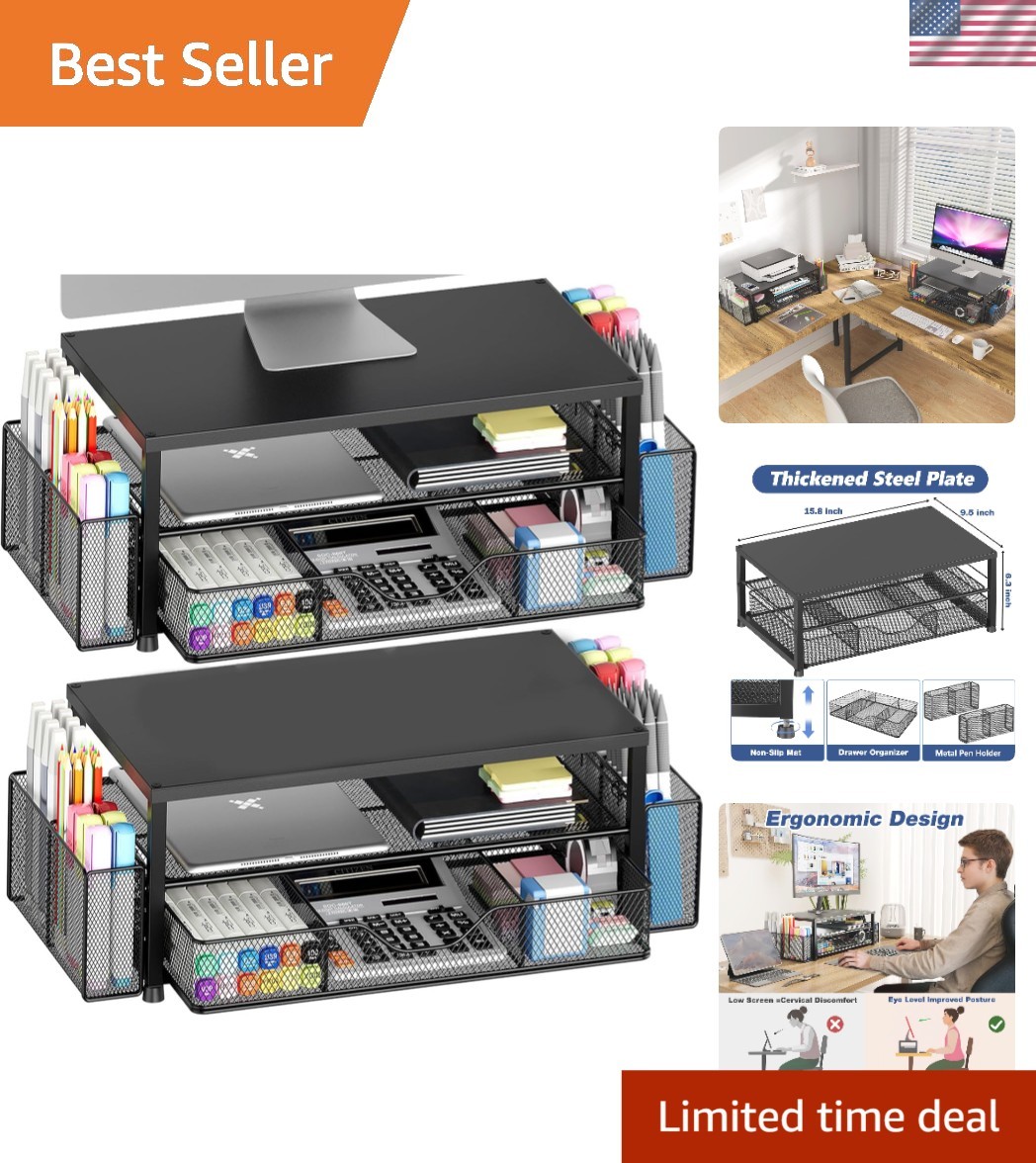 Stylish Black 2-Pack Monitor Stand with Drawer – Ergonomic Desk Organizer