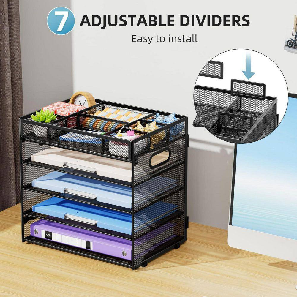 12.5 in X 10.2 in Black Metal 5-Tier Letter Tray Paper Organizer with Handle, Ad