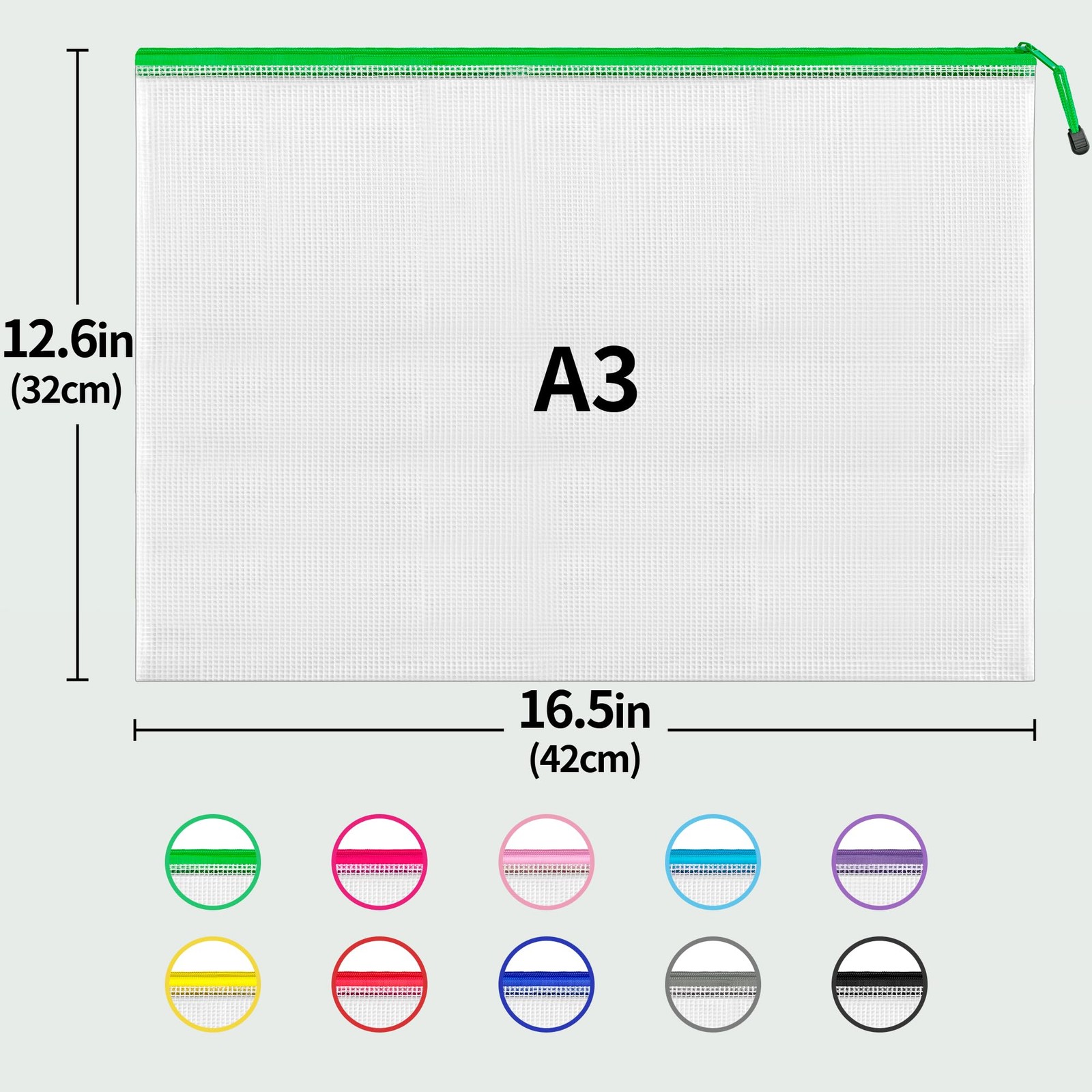 A3 (16.5×12.6 in, 12 Pcs) Mesh Zipper Pouch, 12 Colors Extra Large Zipper Bag…