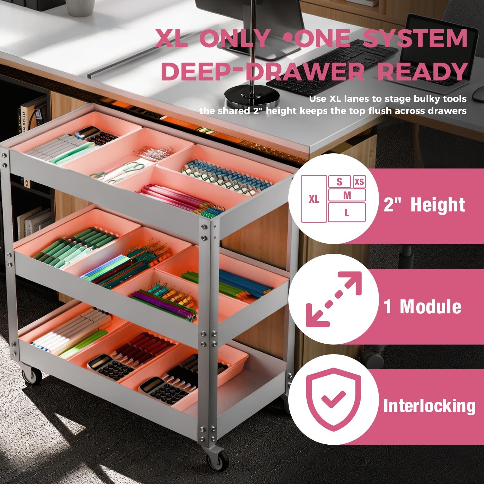 [6 PCS Extra-Large] Pink Drawer Organizer Trays with Non-Slip Pads, Interlock…