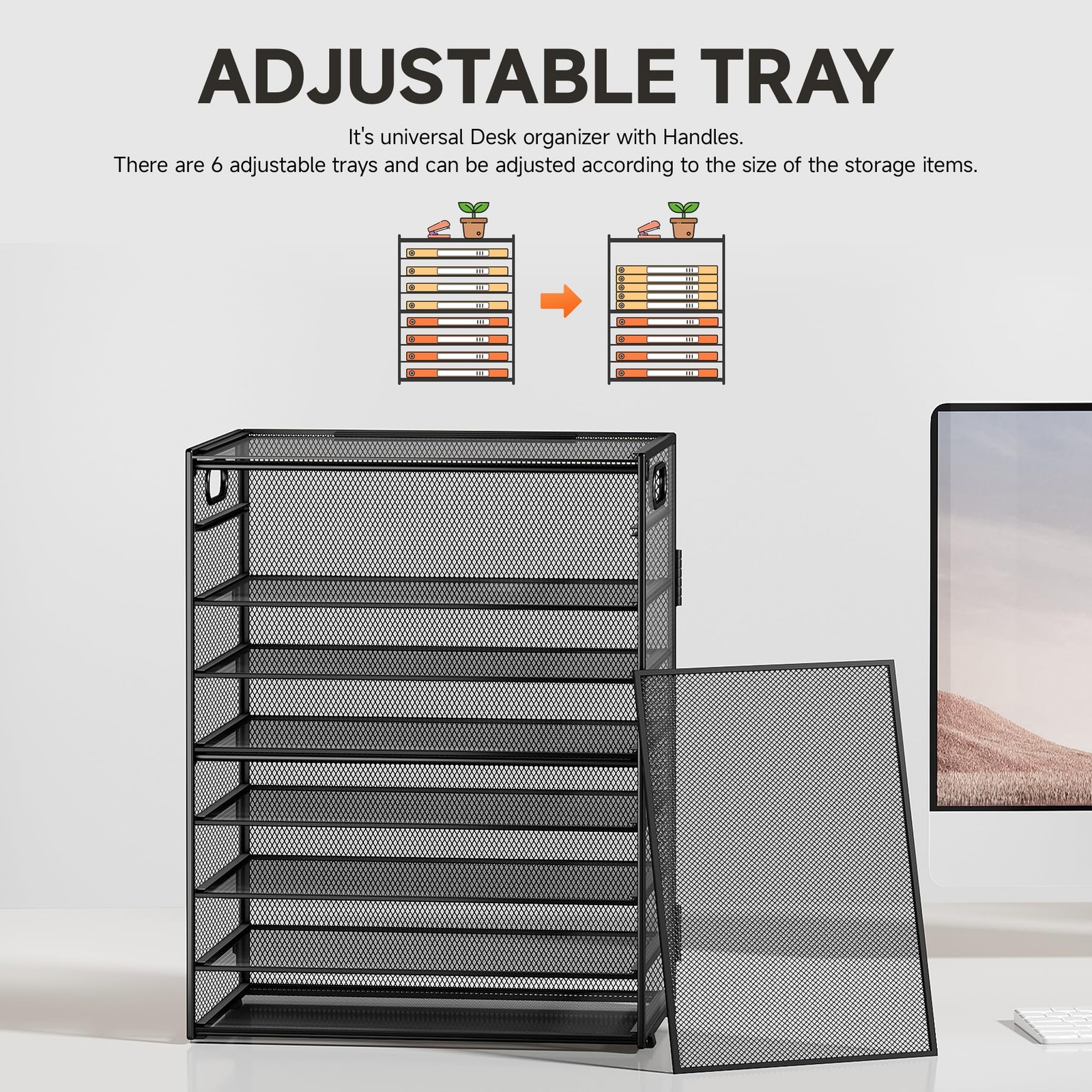 9-Tier Black Metal Mesh Paper Organizer with 6 Adjustable Sliding Trays