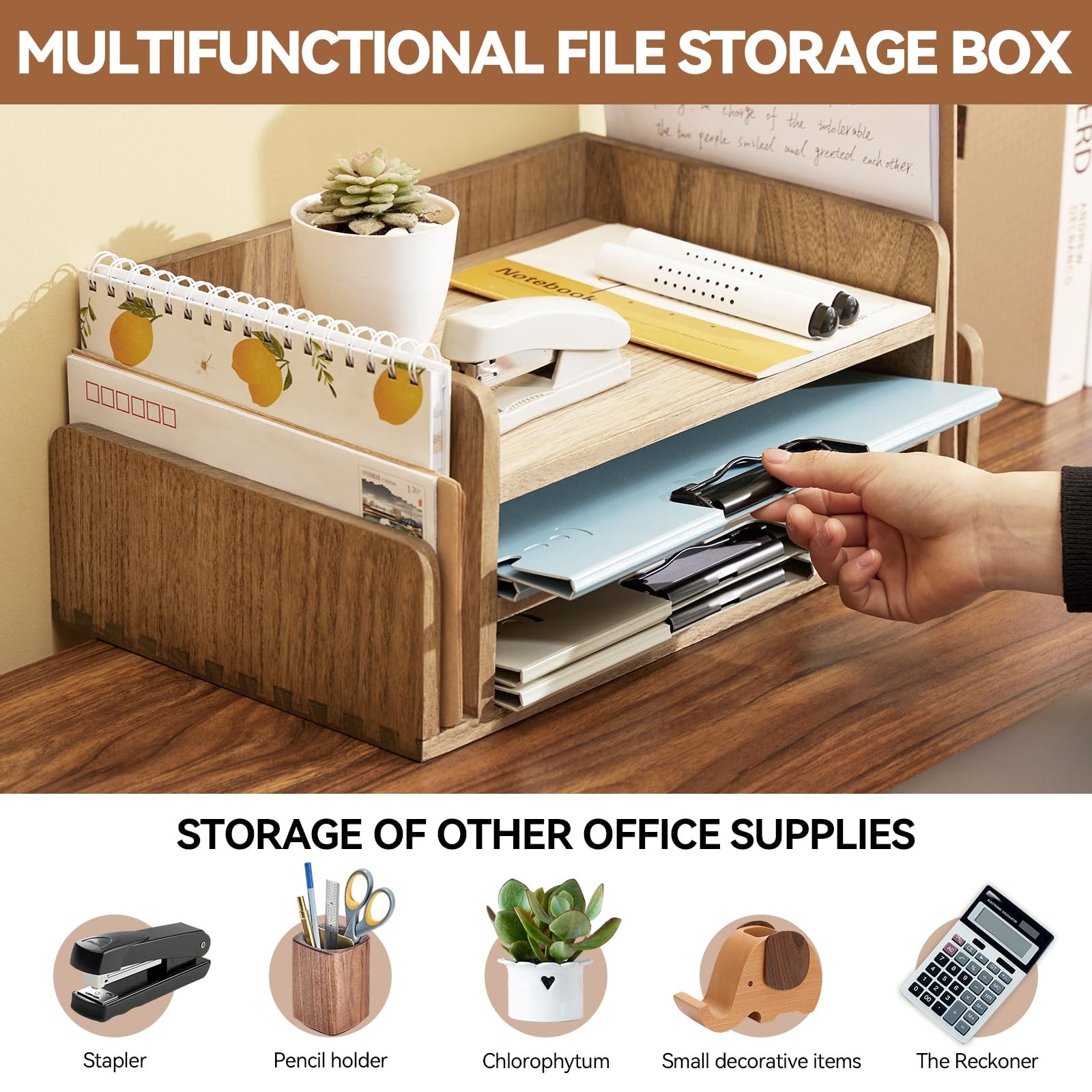 Wood Desk Organizer 5Tray Letter Mail Sorter, Dark Brown