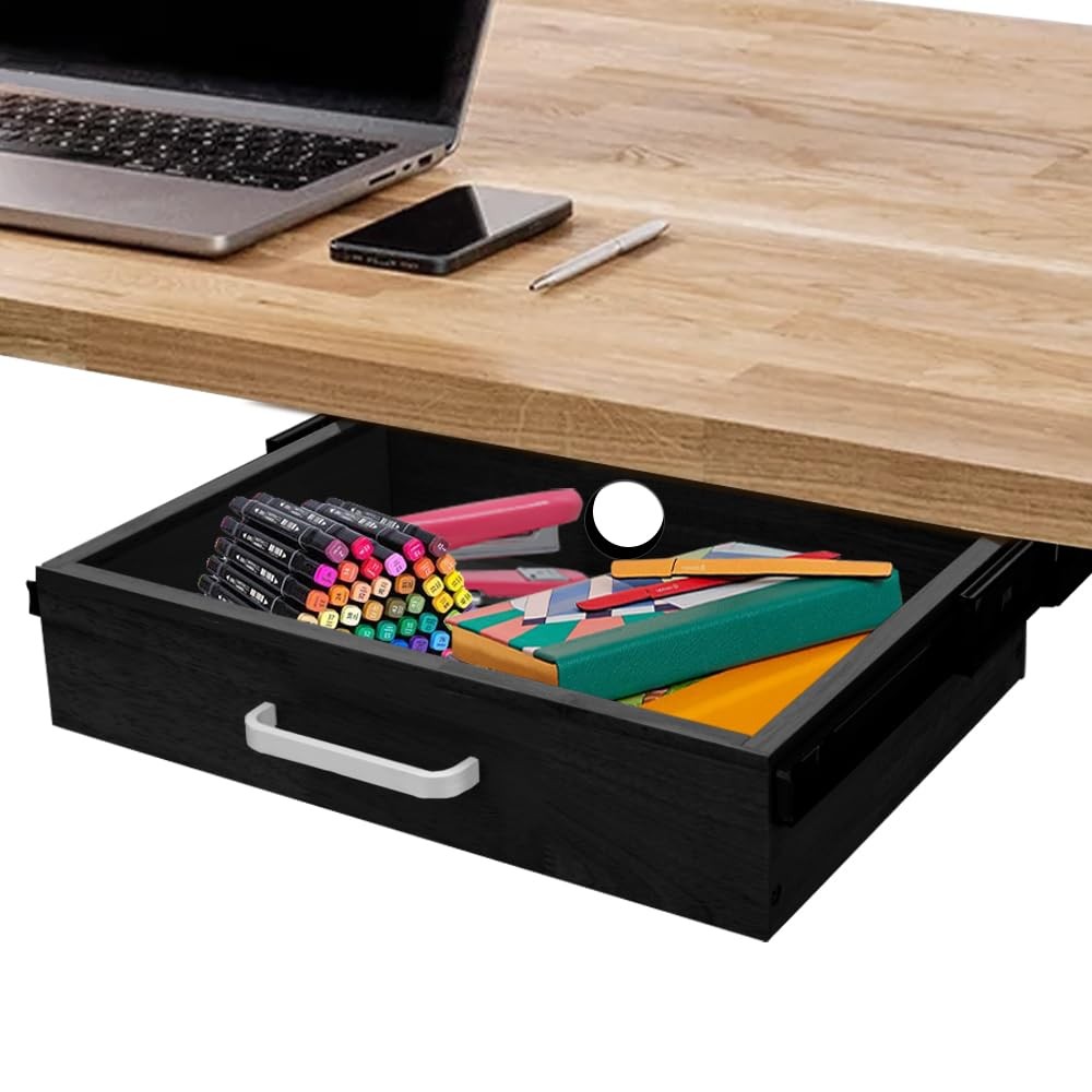 Upgrade Wood Under Desk Mounted Sliding Pull-out Drawer, Ball-Bearing Black