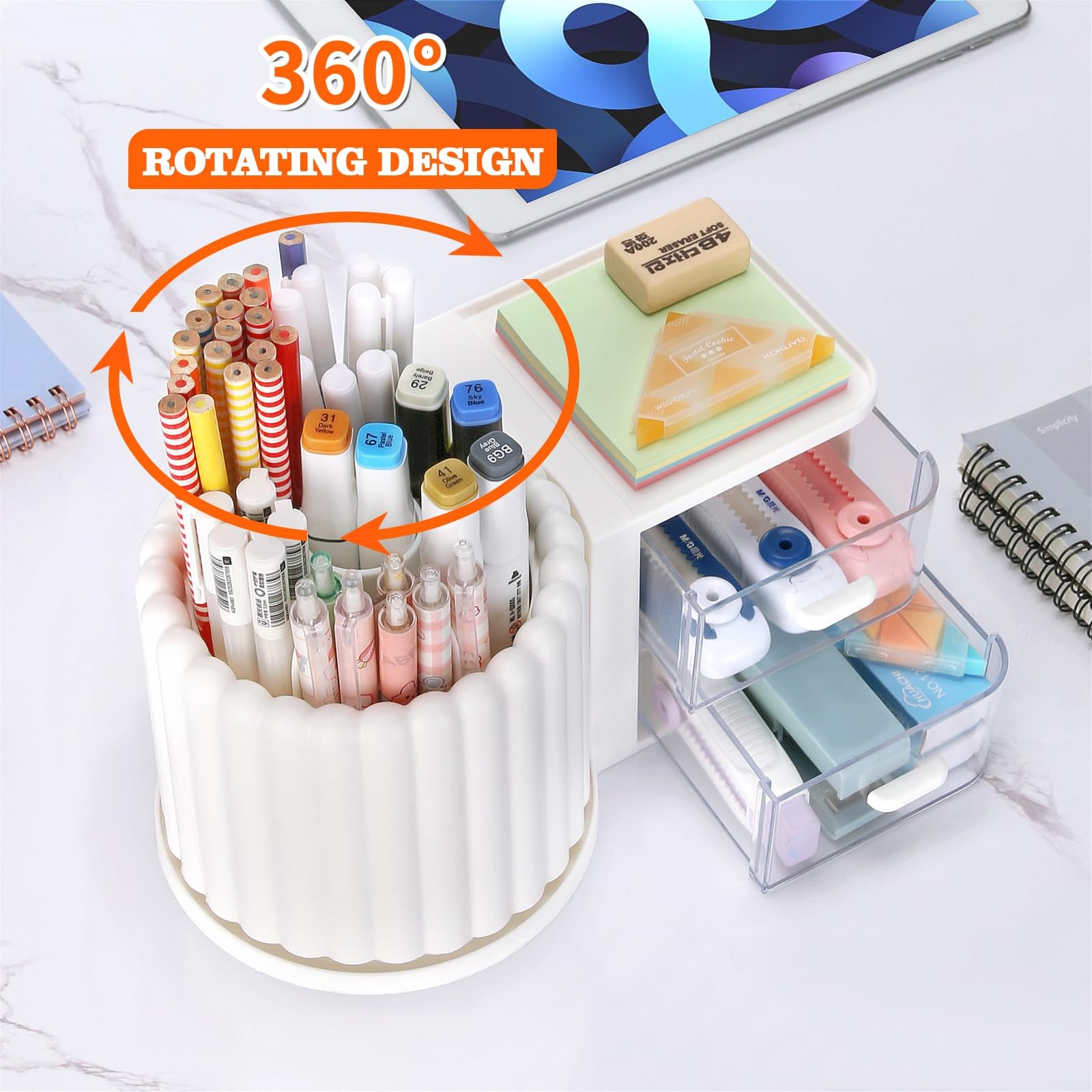 LETURE Rotating Office Desk Organizers and Accessories with 2 Drawer, White