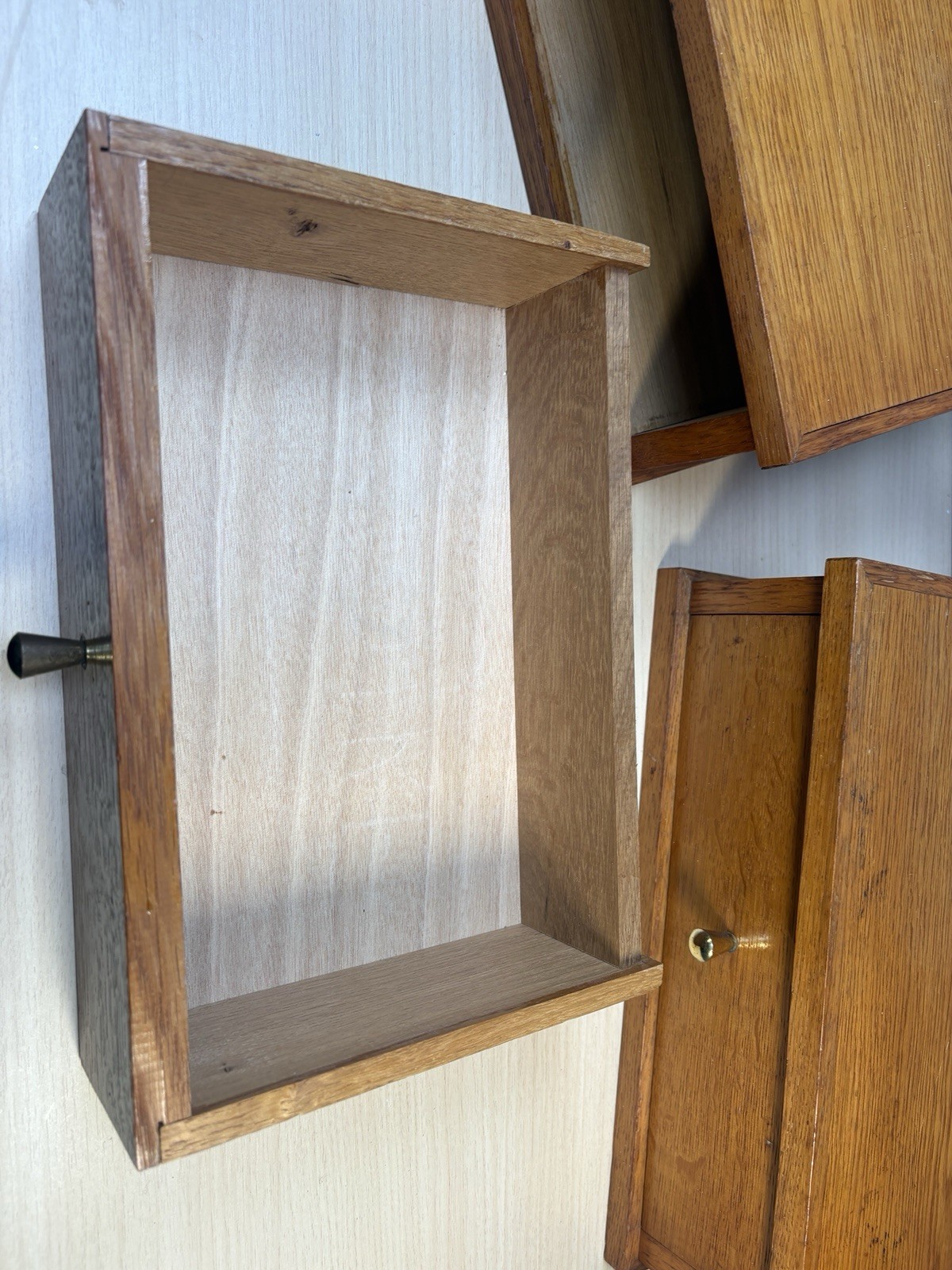 2 Vintage Scandinavian-style wooden shelf small desk organizer Brass Knob Oak