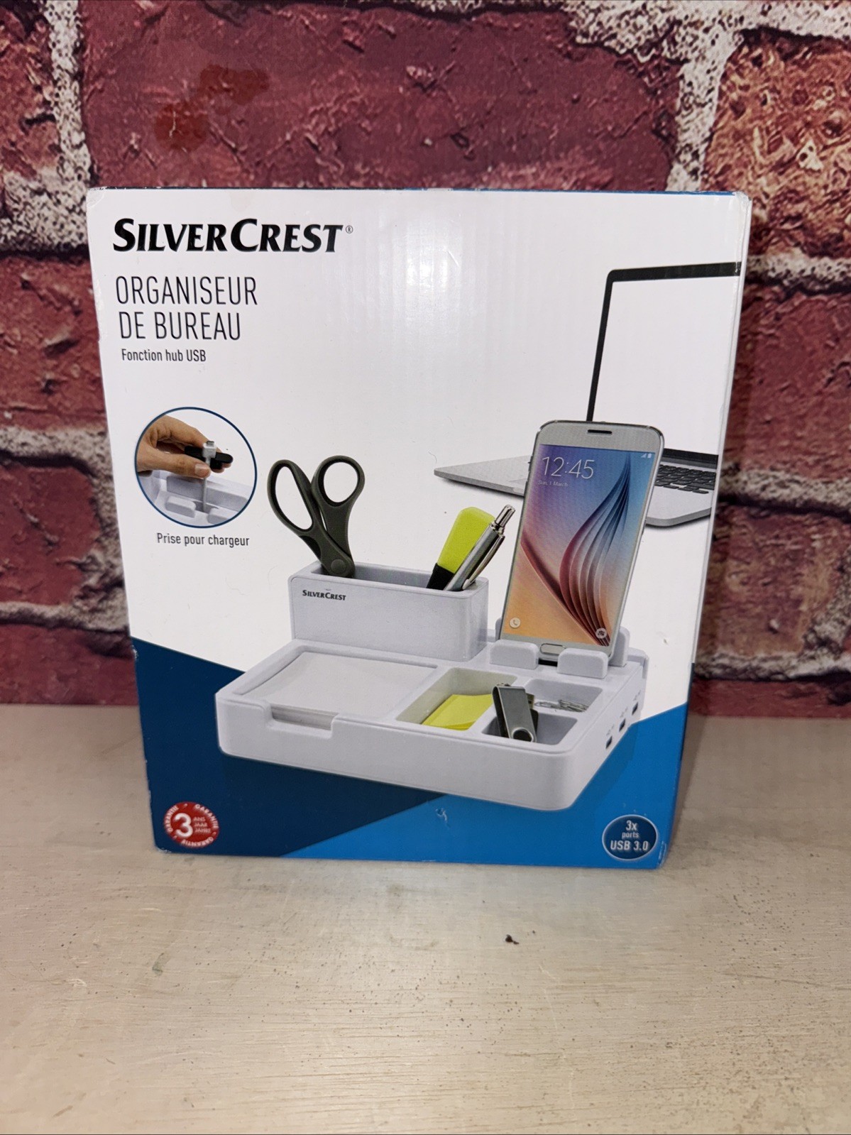 Silver Crest Desk Organizer w/ 3 USB HUB 3.0 Ports Charge Smartphones / Tablets