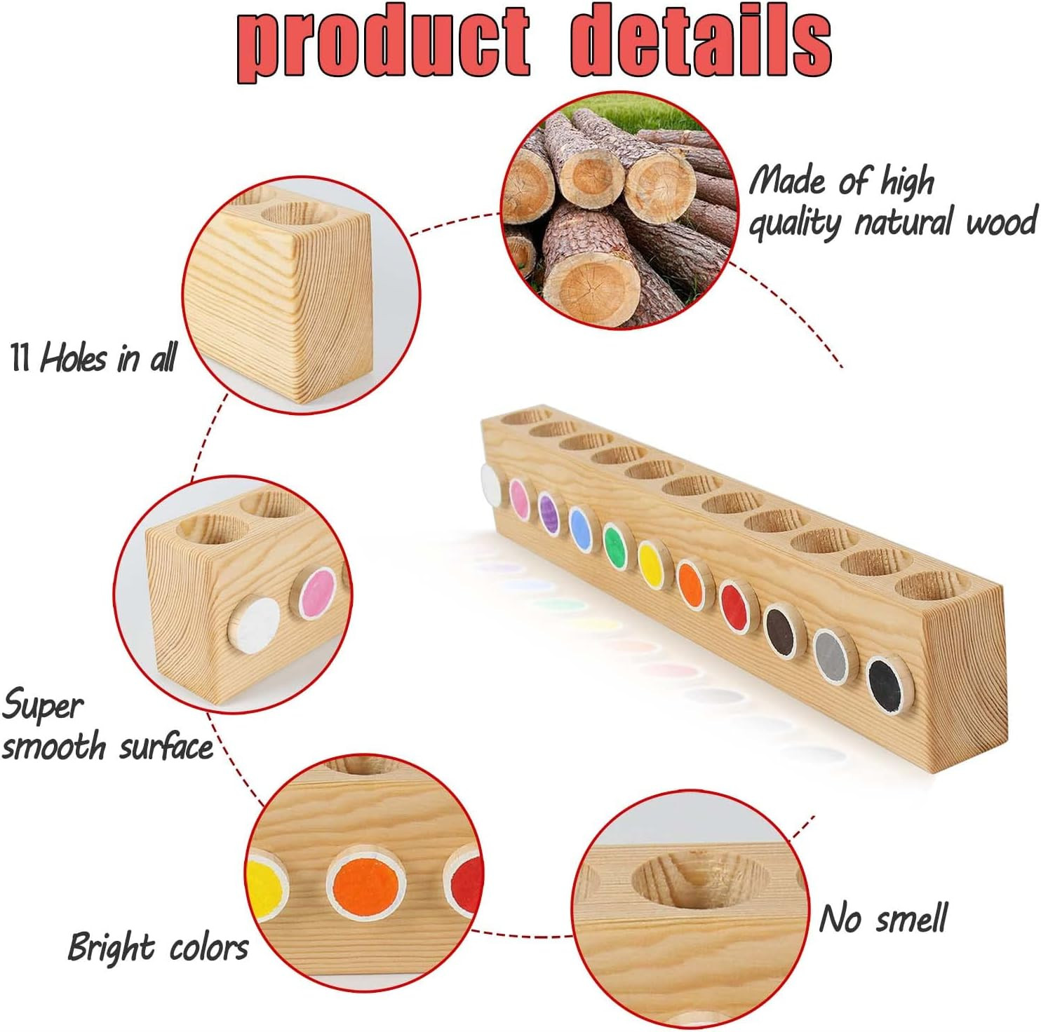 Desk Wood Colored Pen Pencil Holder, Solid Wooden Pencils Organizer Storage for