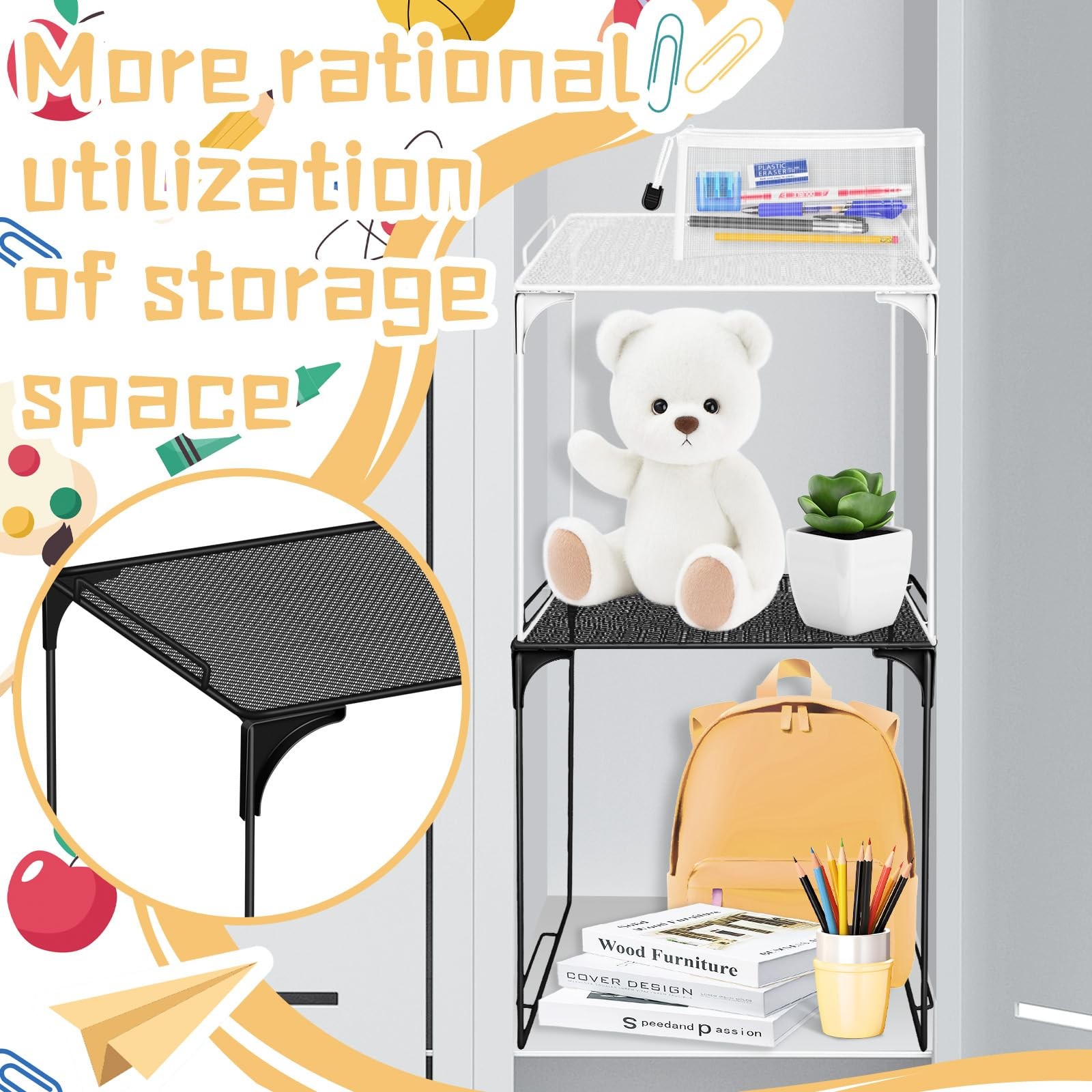 2 Pcs Locker Organizer Shelf Black and White Stackable Extra Locker Shelf Sto…