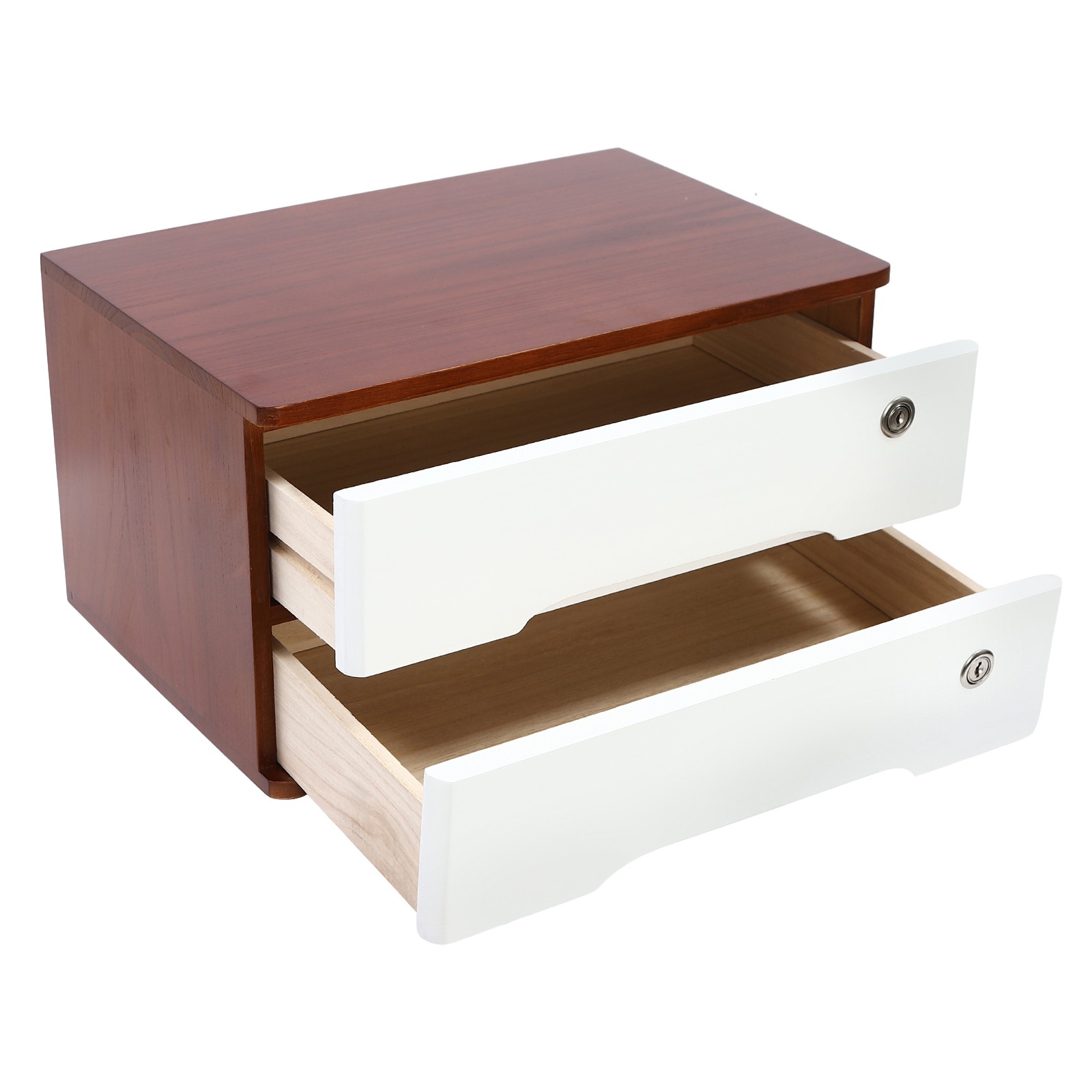 Luxury Walnut Finish Wooden Desk Organizer 2 Drawer Lockable Storage Cabinet