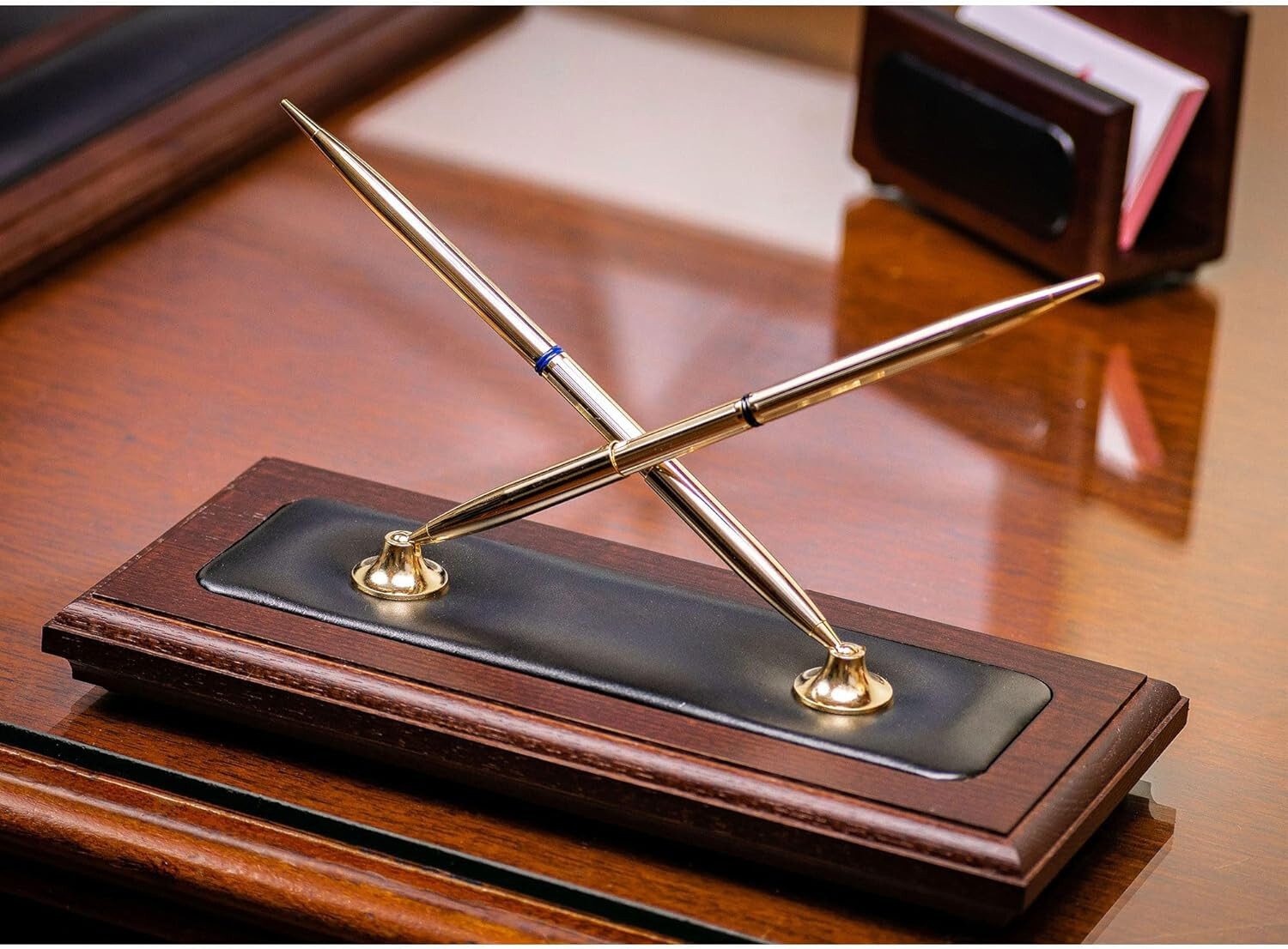 Dacasso Luxury Walnut & Black Leather Double Pen Stand with Rolling Ball Pen