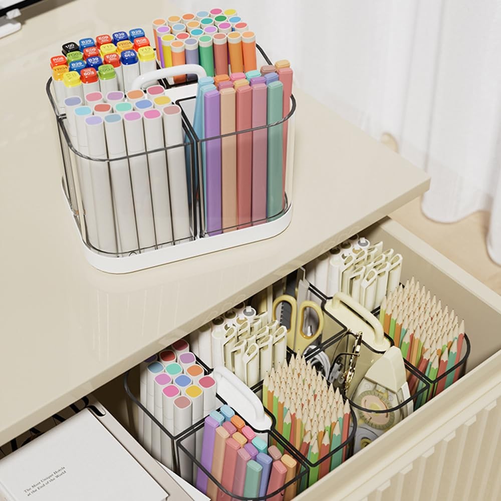 Hggzeg Pen Holder with Handle and Base, Stackable Transparent Desk White