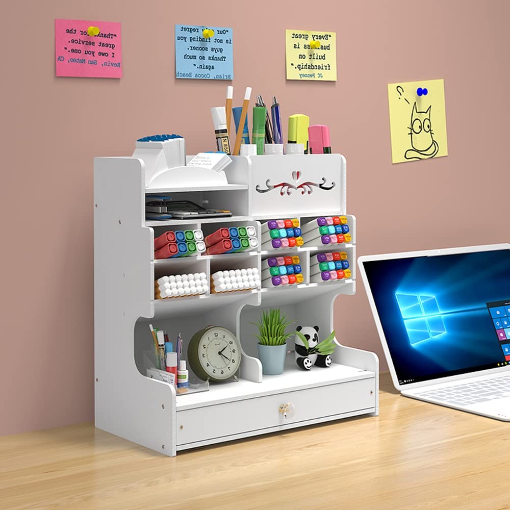 White Pen Organizer with Drawer DIY Pencil Holder Desk Tidy Caddy Office Stat…