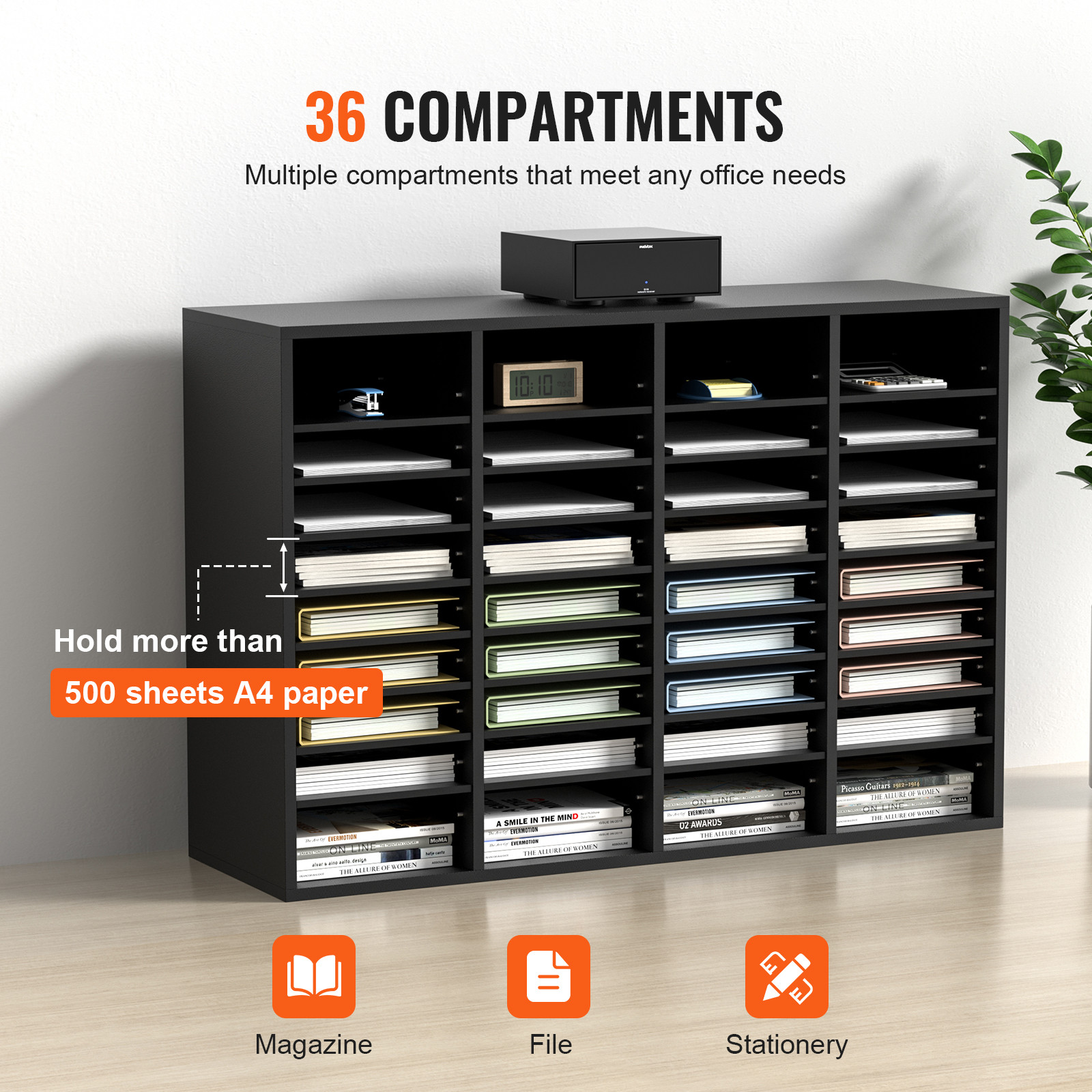 VEVOR Wood Literature Organizer Adjustable File Sorter 36 Compartments Black