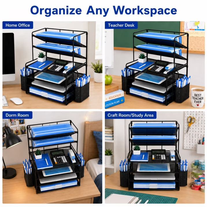 6 Tier Desk Organizer Metal Mesh Paper Document Letter File Tray Pen Holders Bla