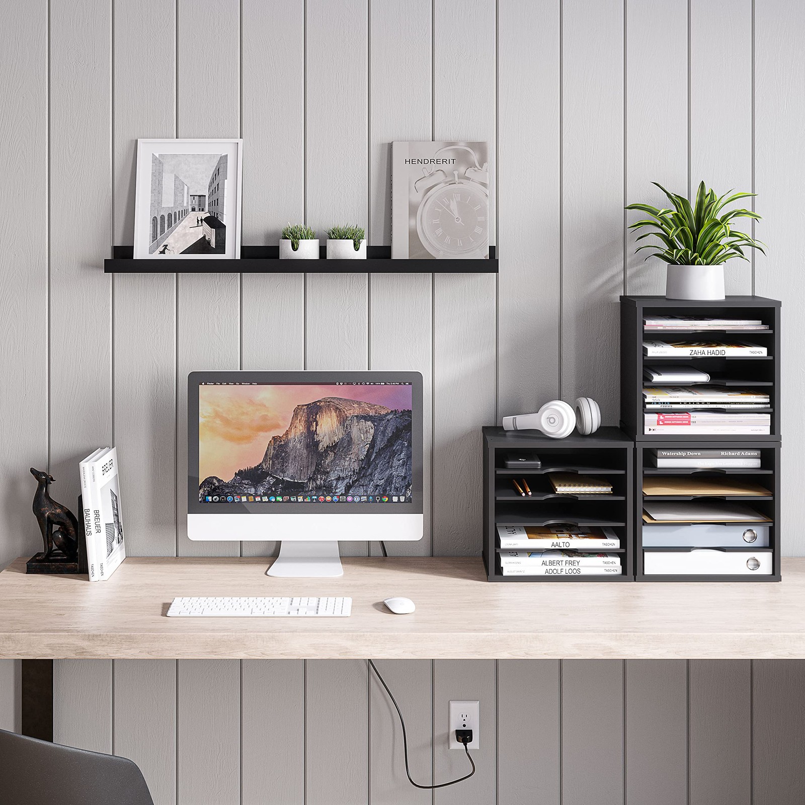 Black 5Tier File Organizer For Desk Wooden Mail Sorter Adjustable Shelves
