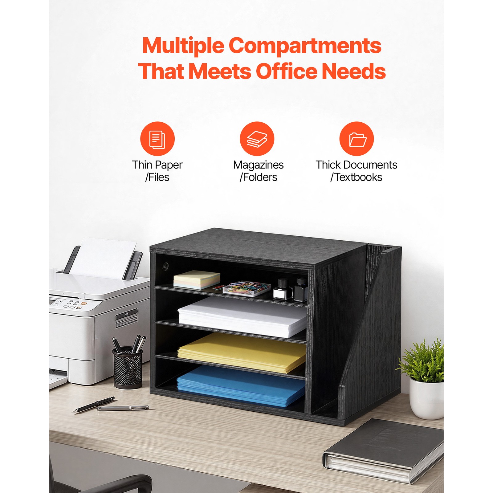 Uimoso 4-Compartment Office Mail Organizer with Adjustable Shelves, Black