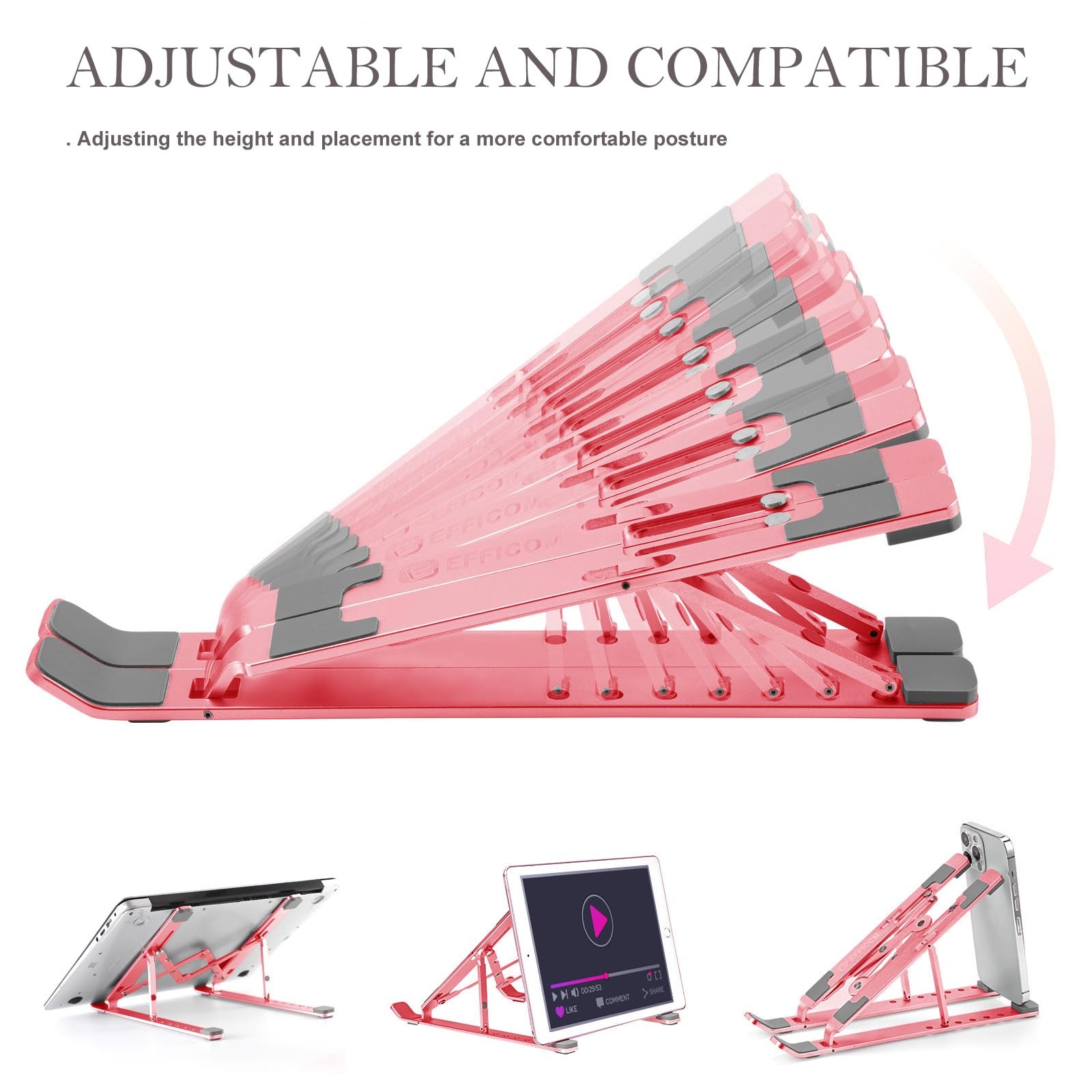 EFFICOM Laptop Stand for Desk, Ergonomic Lap Riser, Portable Pink