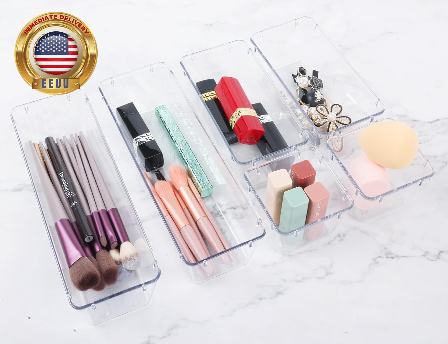 6 Pack Clear Drawer Organizer Set,Office Bin Desk Storage,Desk Drawer Storage Tr