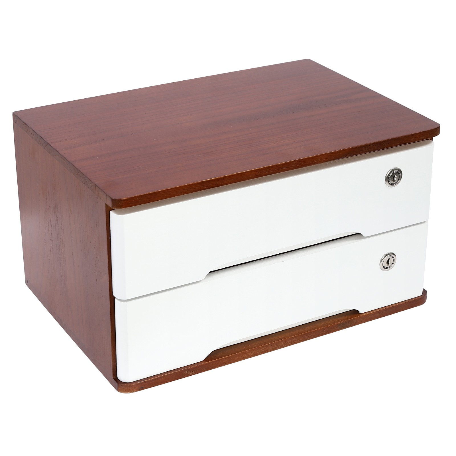 Luxury Walnut Finish Wooden Desk Organizer 2 Drawer Lockable Storage Cabinet