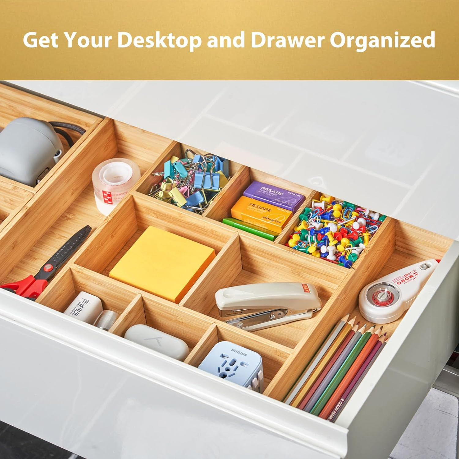 Extra Large Bamboo Desk Drawer Organizer, Wood Junk Organizer Tray with Adjustab