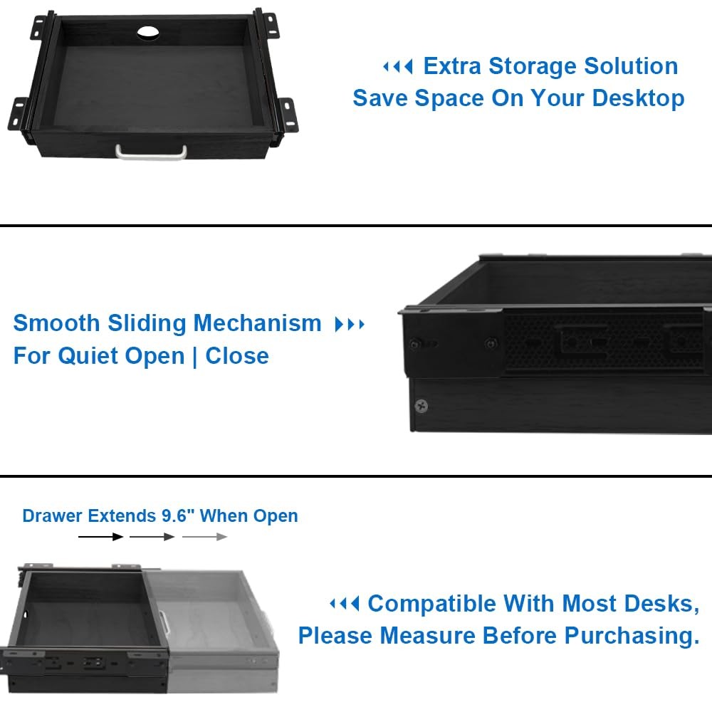 Upgrade Wood Under Desk Mounted Sliding Pull-out Drawer, Ball-Bearing Black